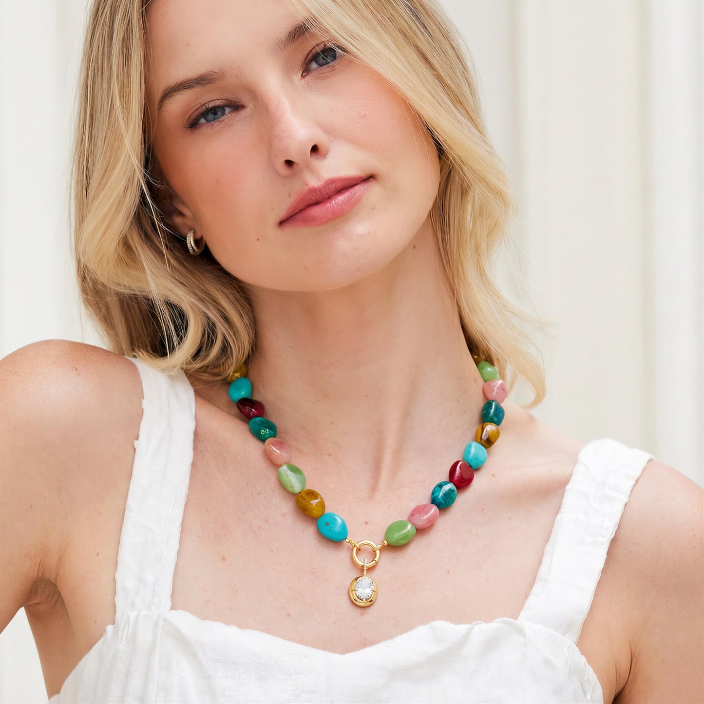 RepaTime Boho Colorful Acrylic Beaded Necklace for Women, Dainty Gold Plated Chunky Necklace with Cubic Zirconia Pendant, Statement Resin Bead Choker Necklace, Summer Beach Jewelry Gift for Her