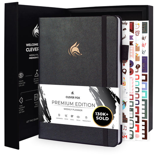 Clever Fox Planner Premium Edition – Undated Luxurious Weekly & Monthly Planner to Increase Productivity and Hit Your Goals – Organizer – Start Anytime, A5, Lasts 1 Year, Silver Black (Weekly)