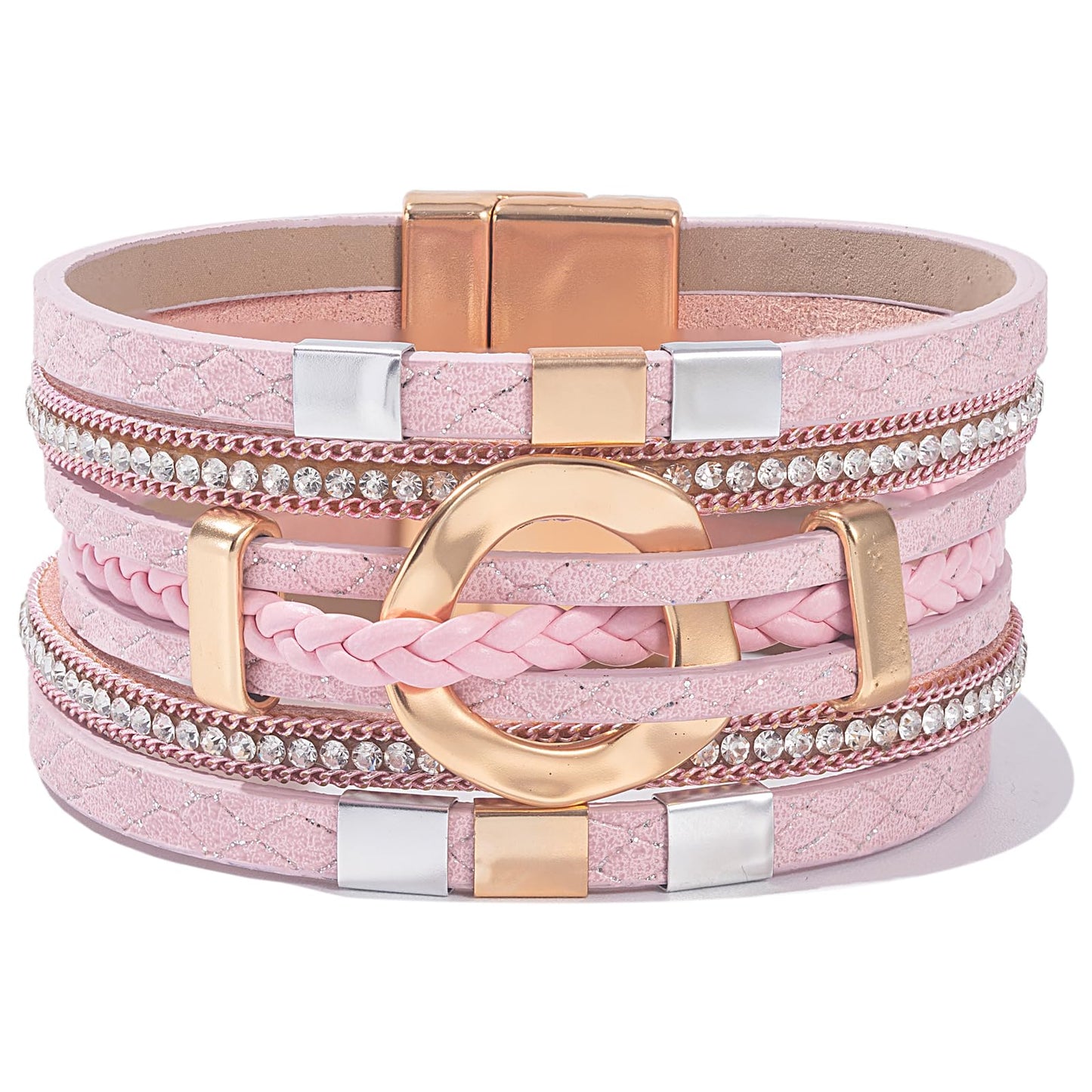 FANCY SHINY Boho Leather Wrap Bracelets Circle Square Bead Braided Handmade Stackable Bracelet Trendy Cuff Bangle for Women(Pink)