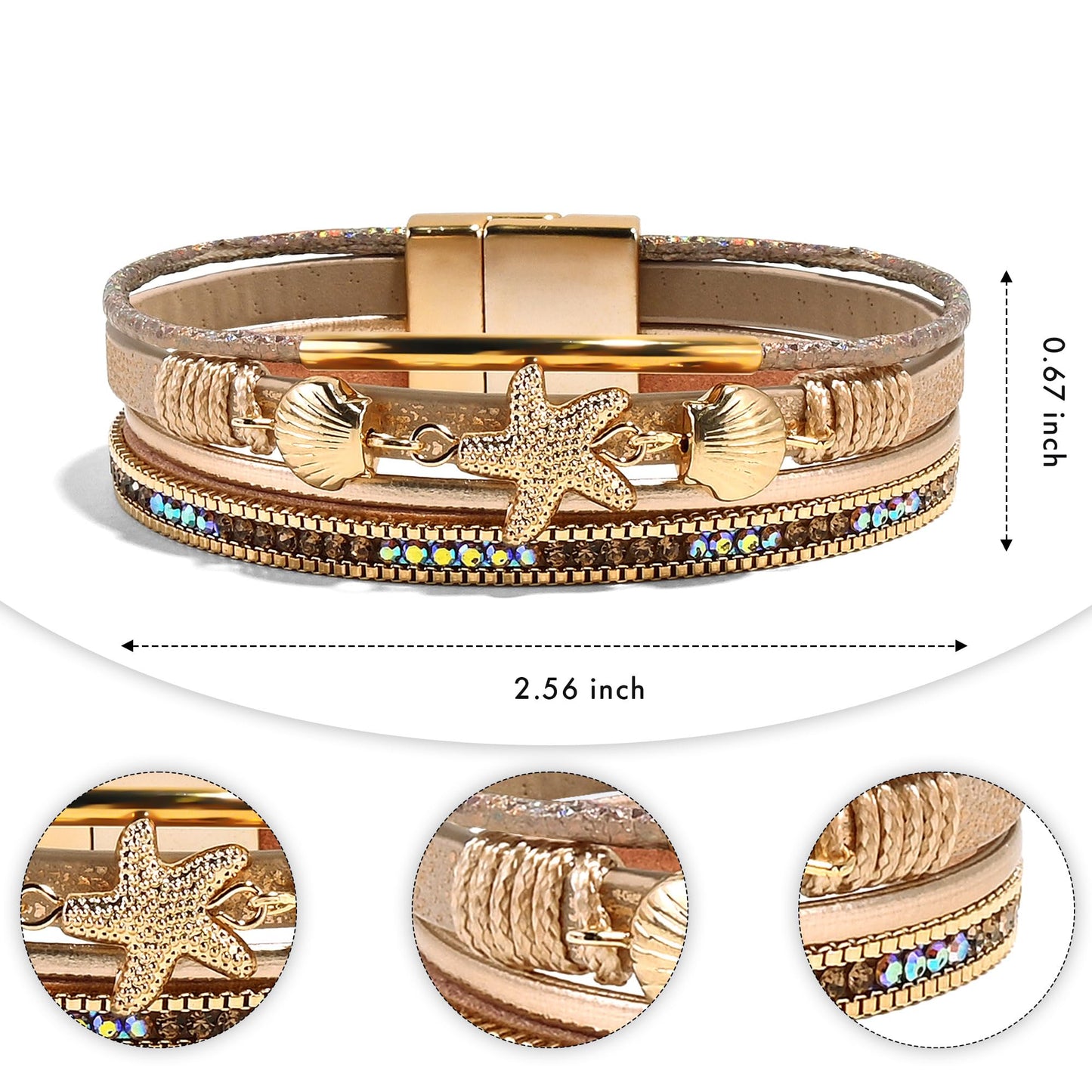 VIBILIA Boho Leather Wrap Bracelets for Women Shell starfish Multi-Layer Bracelets with Strong Clasp Jewelry for Women-Champagne