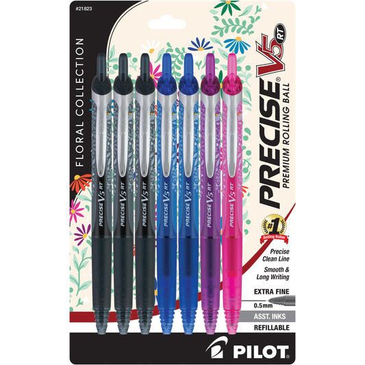 Pilot, Precise Premium Rolling Ball Pens, Floral Collection, Extra Fine Point 0.5 mm, 7 Pack, Ultra-Smooth Writing, Assorted Designs