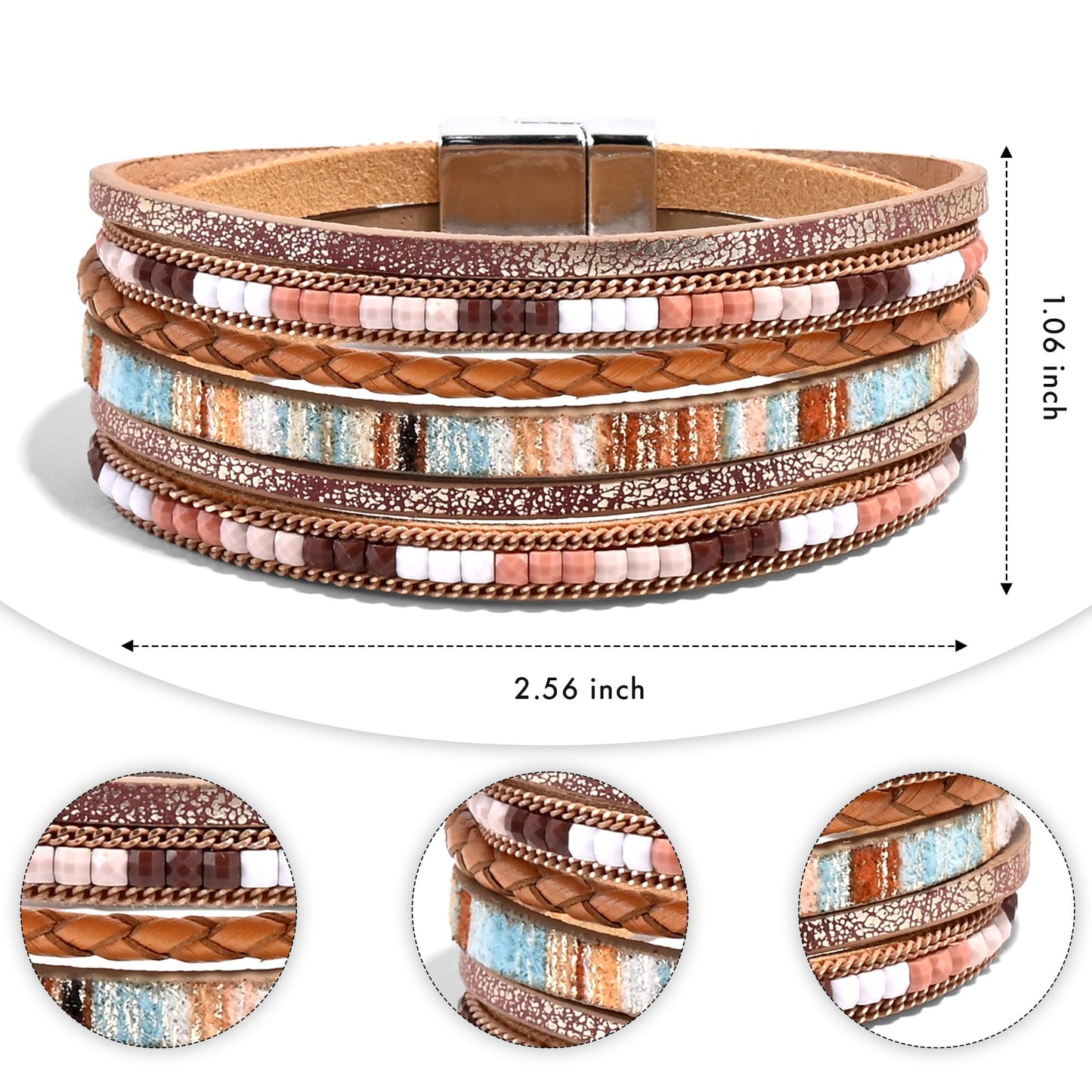 VIBILIA Boho Leather Wrap Bracelets for Women Trendy Layered Multi-Layer Bracelets with Strong Clasp Jewelry for Women-Khaki
