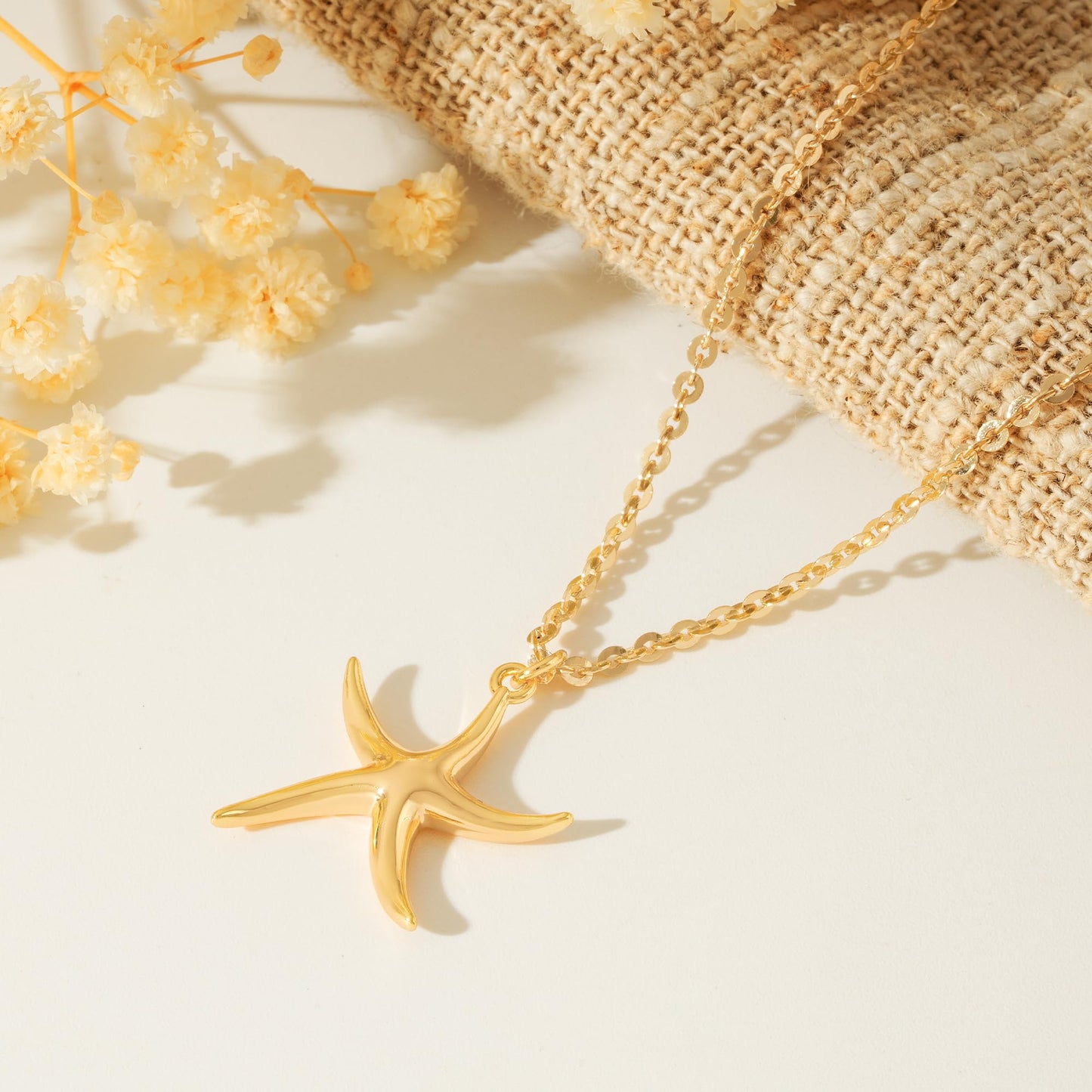 MTMY Gold Starfish Necklace 14K Gold Plated Shell Conch Ocean Pendant Necklace for Women Beach Summer Jewelry(Wave Starfish)