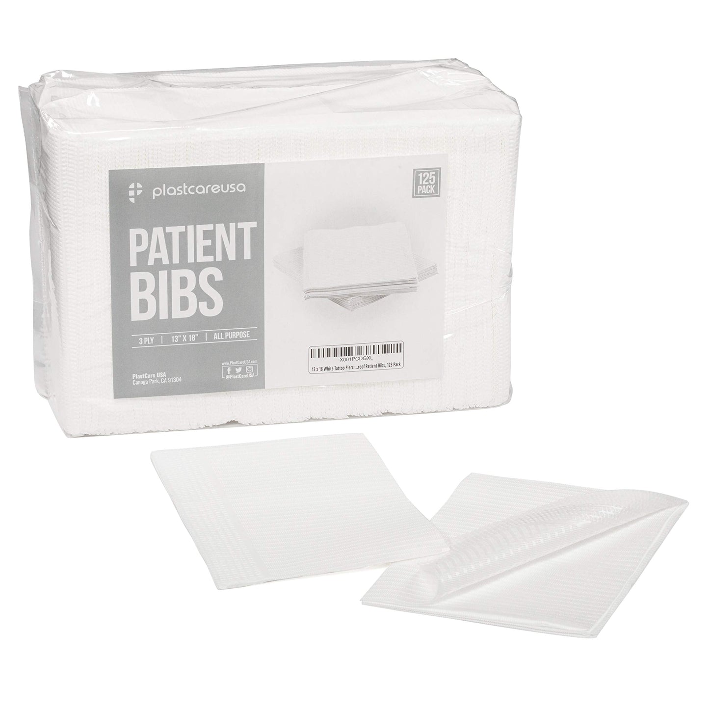 PlastCare USA Disposable Dental Bibs 13"x18" (125 Pack) - 3 Ply Waterproof Tattoo Bib Sheet for Patients - Dentist or Medical Tray Covers and Nail Table Cover Supplies, White