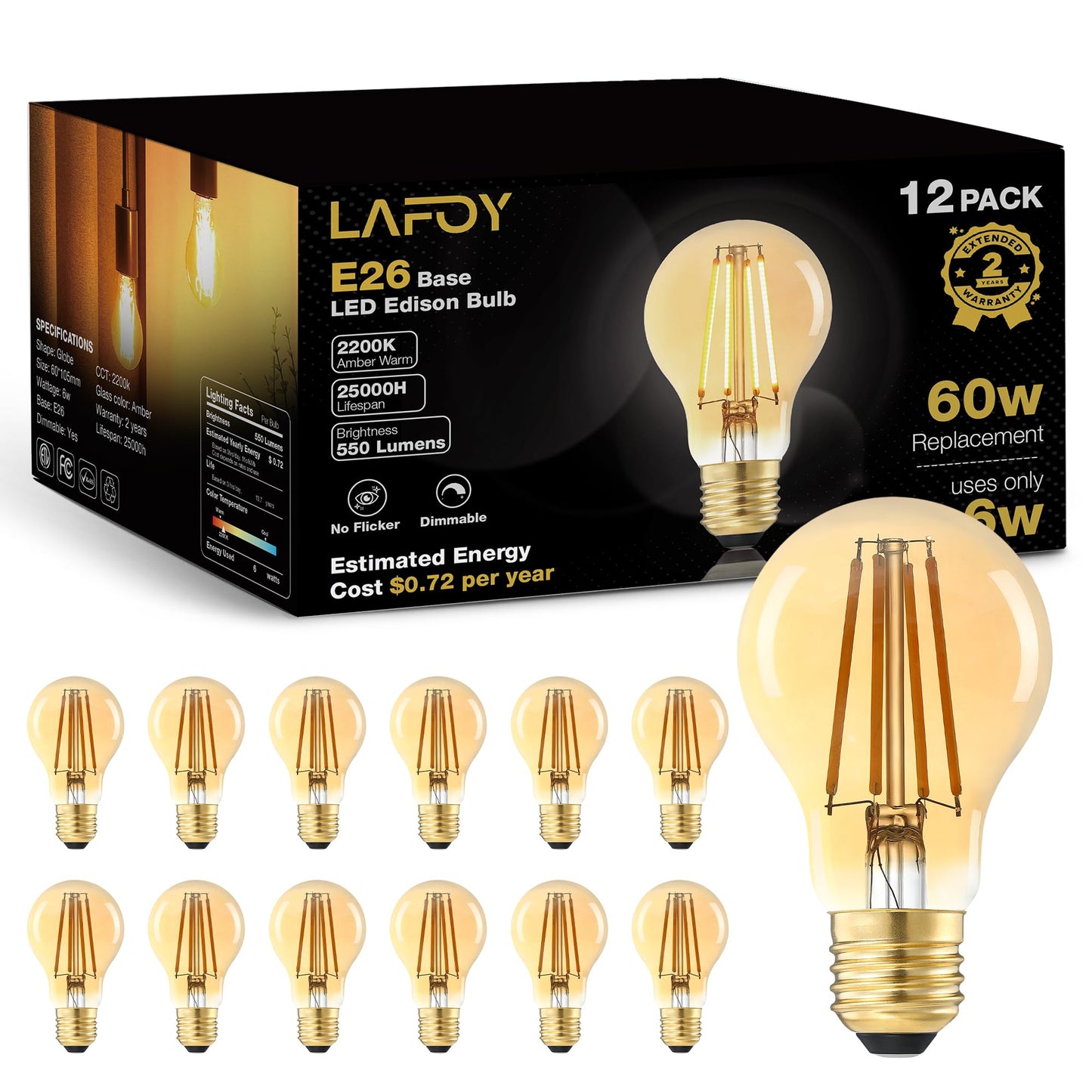 Lafoy A19 Amber 2200K Soft Warm E26 Light Bulbs, Dimmable Vintage LED Edison Bulbs 60 Watt Equivalent, 550 Lumen Medium Base Lightbulbs, Antique Old-Fashioned Style 60W Replacement, 120V 12 Pack