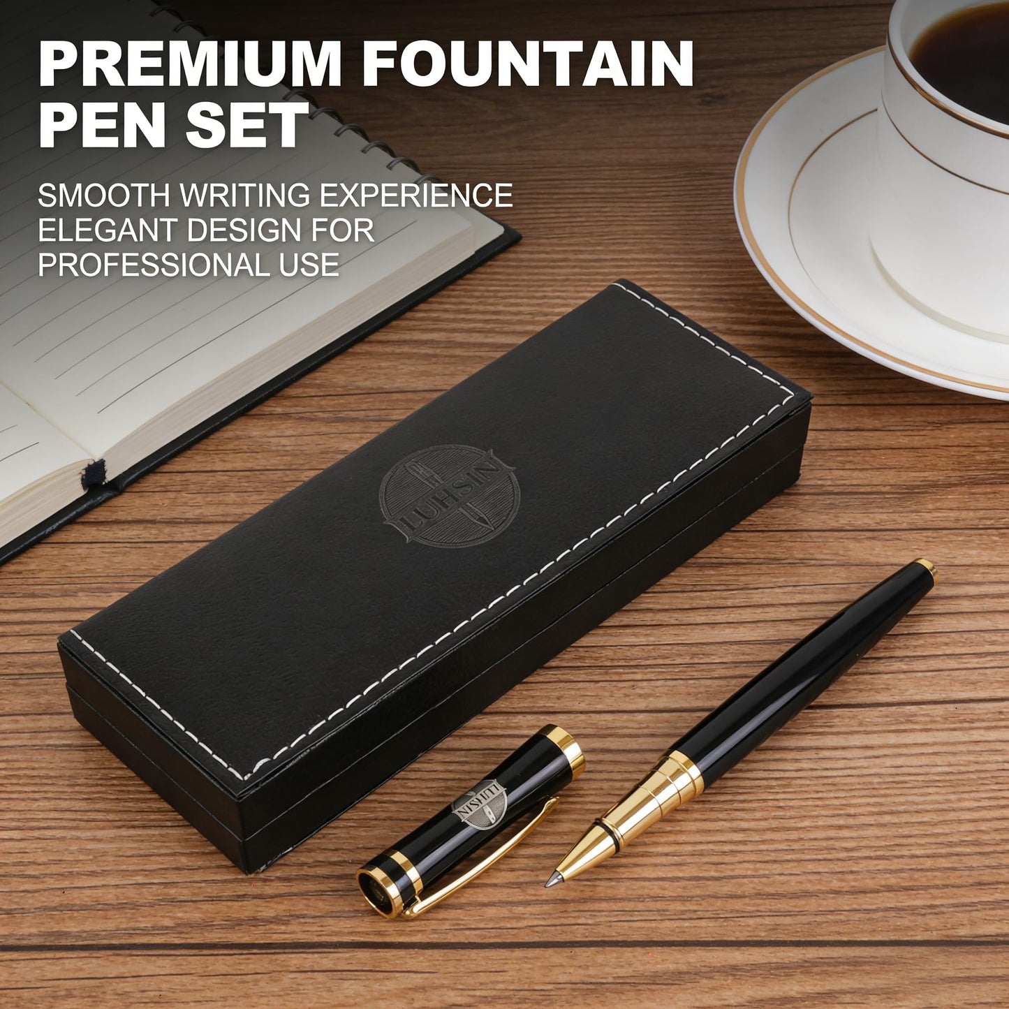 LUHSIN Rollerball Pen Black Lacquer - Premium Luxury Writing Pens for Men Women, Retro Ballpoint Pen with Smooth Ink, Executive Business Signature Pen, Professional Office Gift Pen Set (Black)