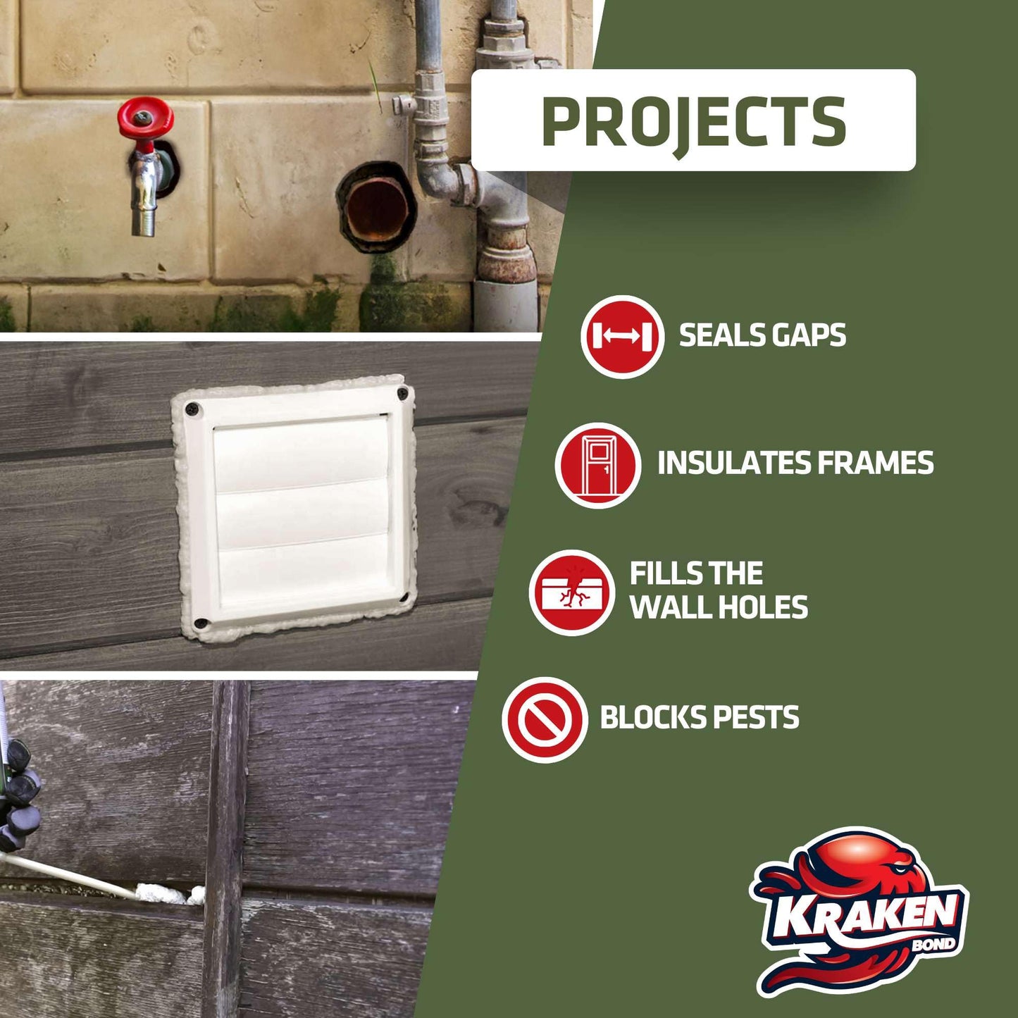 Kraken Bond Pestblokc Spray Foam Sealant - (12x12oz) Polyurethane Expanding Foam Sealant for Gaps & Cracks with Mothball Odor, Straw-Application, Paintable Foam Filler for Wall Holes - 12 Pack