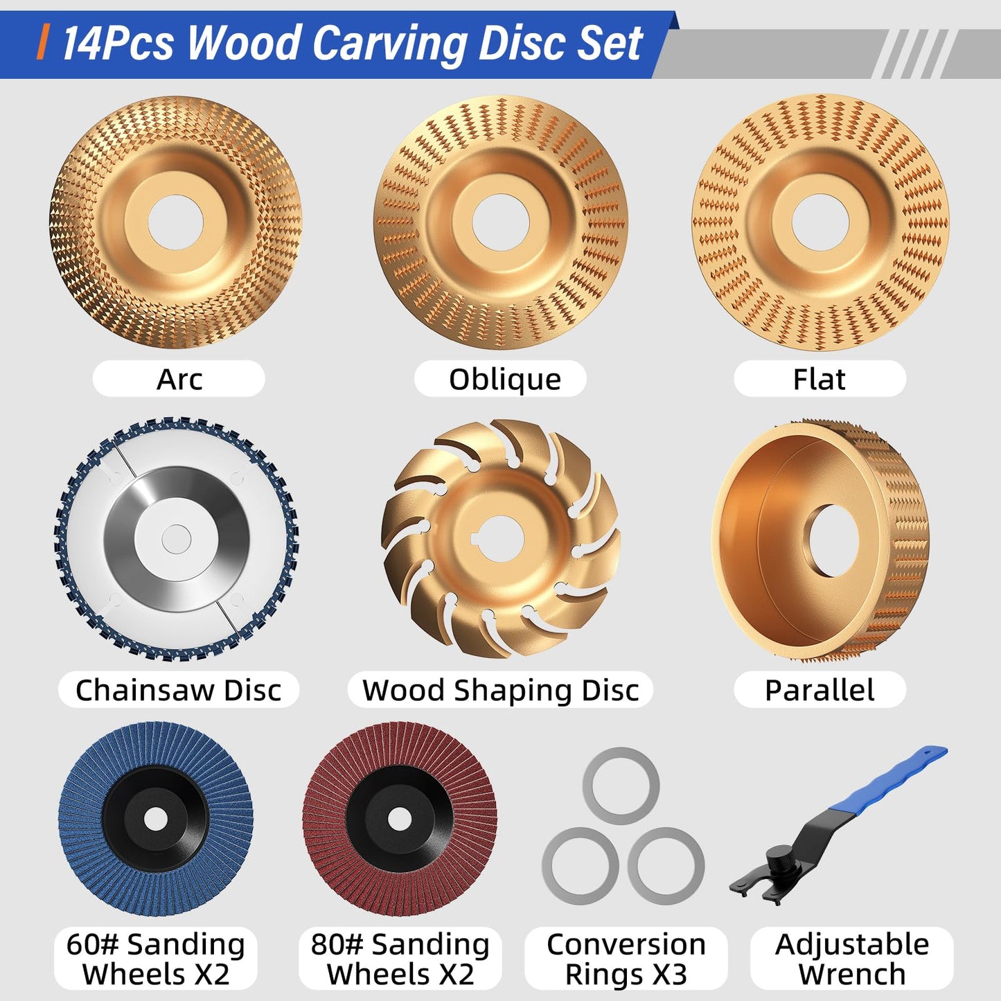 BURMONG 14PCS Wood Carving Disc Set for 4" & 4-1/2" Angle Grinder – Wood Cutting, Carving & Grinding Kit with Chainsaw Disc, Wood Shaping Discs, Flap Sanding Wheels, Adapter Rings & Wrench