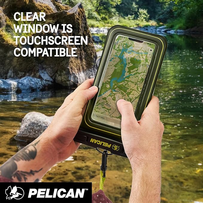 Pelican Marine - IP68 Waterproof Phone Pouch w/Storage Pocket (Large) - Floating Waterproof Phone Case - Beach Cruise Travel Essentials - Fits All Phones - Detachable Lanyard - Black/Hi-Vis Yellow
