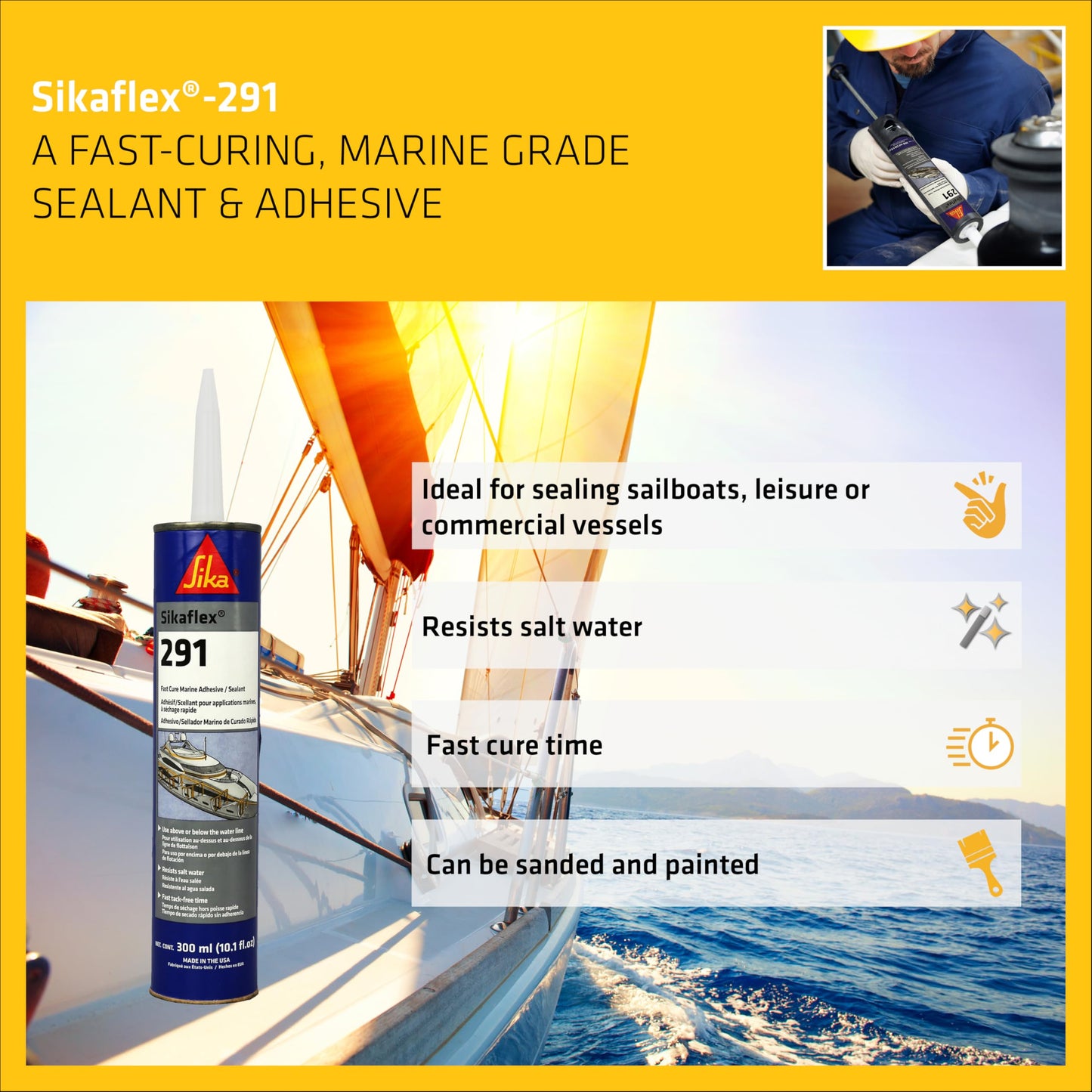SIKA Sikaflex-291, Black, Fast Cure Marine Adhesive and Sealant, Polyurethane for Boats, Waterproof, Paintable, 10.1 fl. oz Cartridge