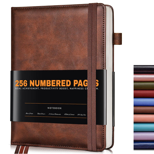 Lined Journal Notebook for Women Men, 256 Numbered Pages Hardcover Leather Journals for Writing, A5 Journaling Notebooks, College Ruled Journal for Business Work School Note Taking 5.75" x 8.38" Brown