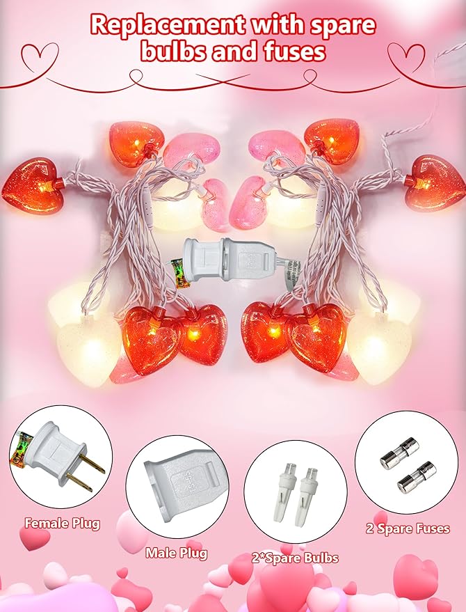 Heart String Lights Plug in, 8.5FT Valentine Lights Indoor Outdoor, Heart Shaped Glitter String Light with 10 LEDs, UL Listed, IP44 Waterproof for Valentine’s Day Decor