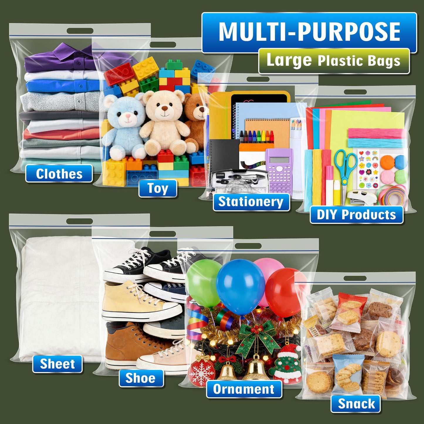 3 Gallon Extra Large Zipper Bag, 16” x 18” Clear Plastic Zip Bag with Handle for Storage, Moving Travel, 2mil Thick Resealable Lock, 60 pack