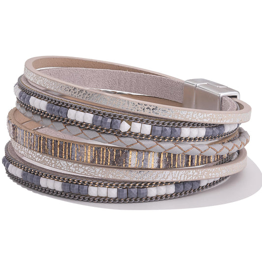 FANCY SHINY Boho Leather Wrap Bracelets Trendy Layered Bracelets with Magnetic Clasp Strackable Bohemian Cuff Jewelry Gifts for Women(Grey)