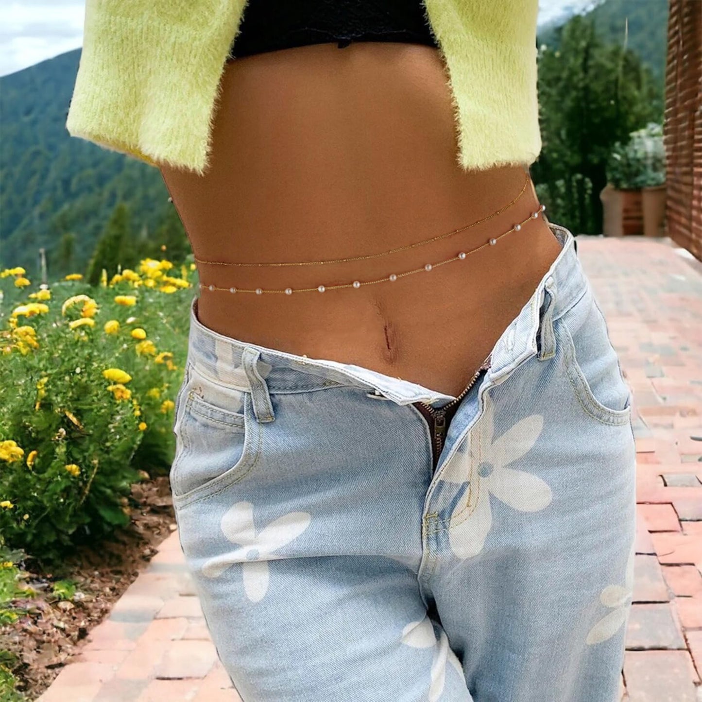 ASCOMY Waist Chains for Women 14K Gold Plated 2Pcs Body Chains Gold Waist Chain Layered Pearl Satellite Belly Belt Body Chains Adjustable Bikini Body Jewelry Daily Belts Gifts for Women
