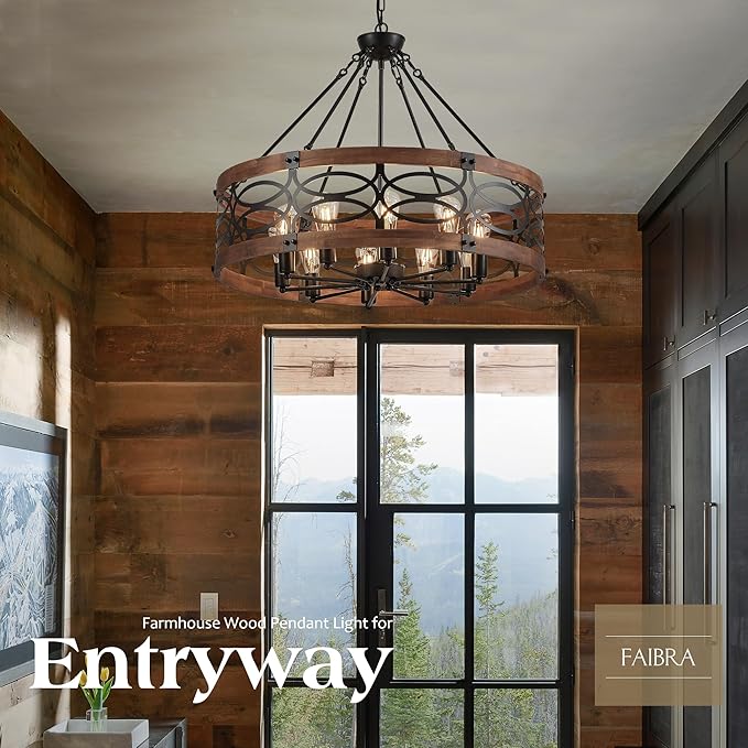 10-Light Farmhouse Drum Wood Pendant Light,32.24'' Vintage Rustic Brown Oak Wood Chandeliers,Retro Industrial Hanging Light Fixtures for Dining Room Entryway, Bedroom