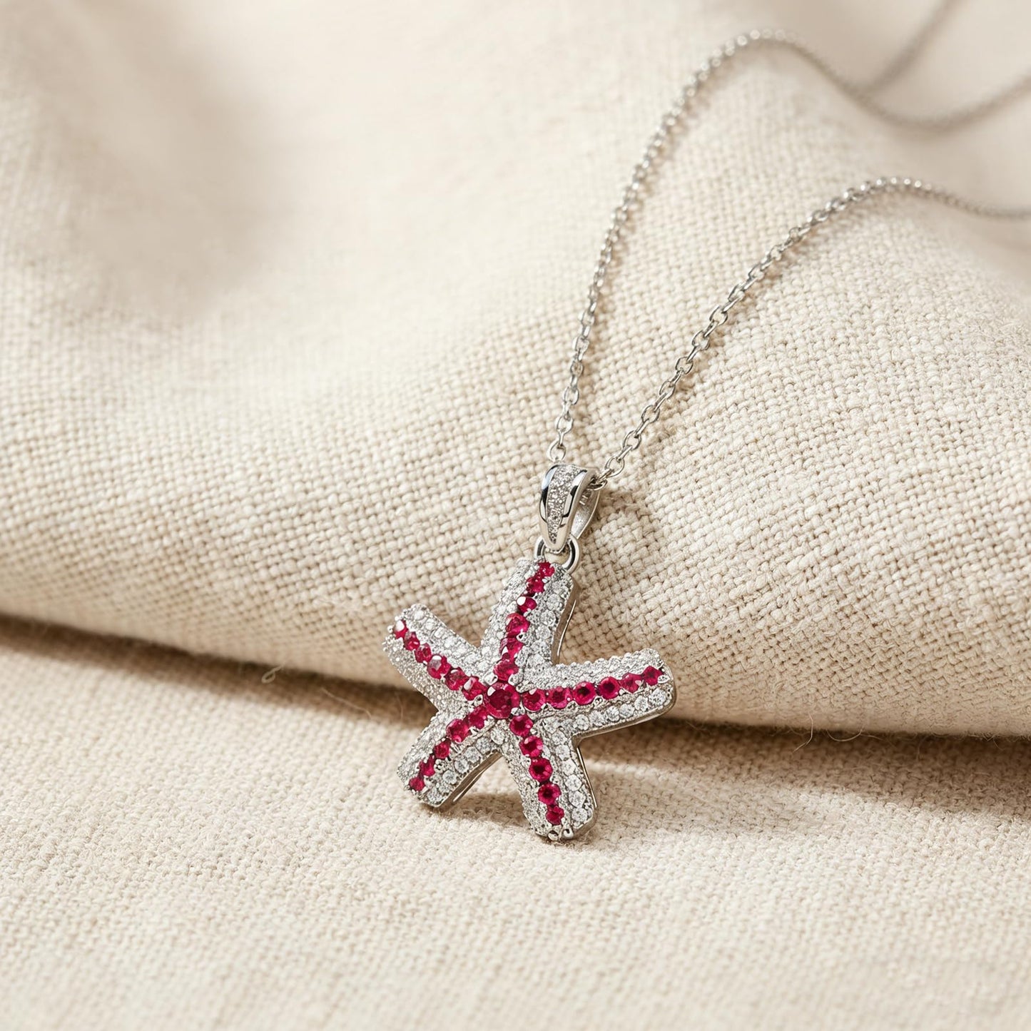 crataly Ruby And CZ Starfish Necklace For Women-Silver Plated July Birthstone Necklace For Valentine's Day Mother's Day Christams Birthday Gifts