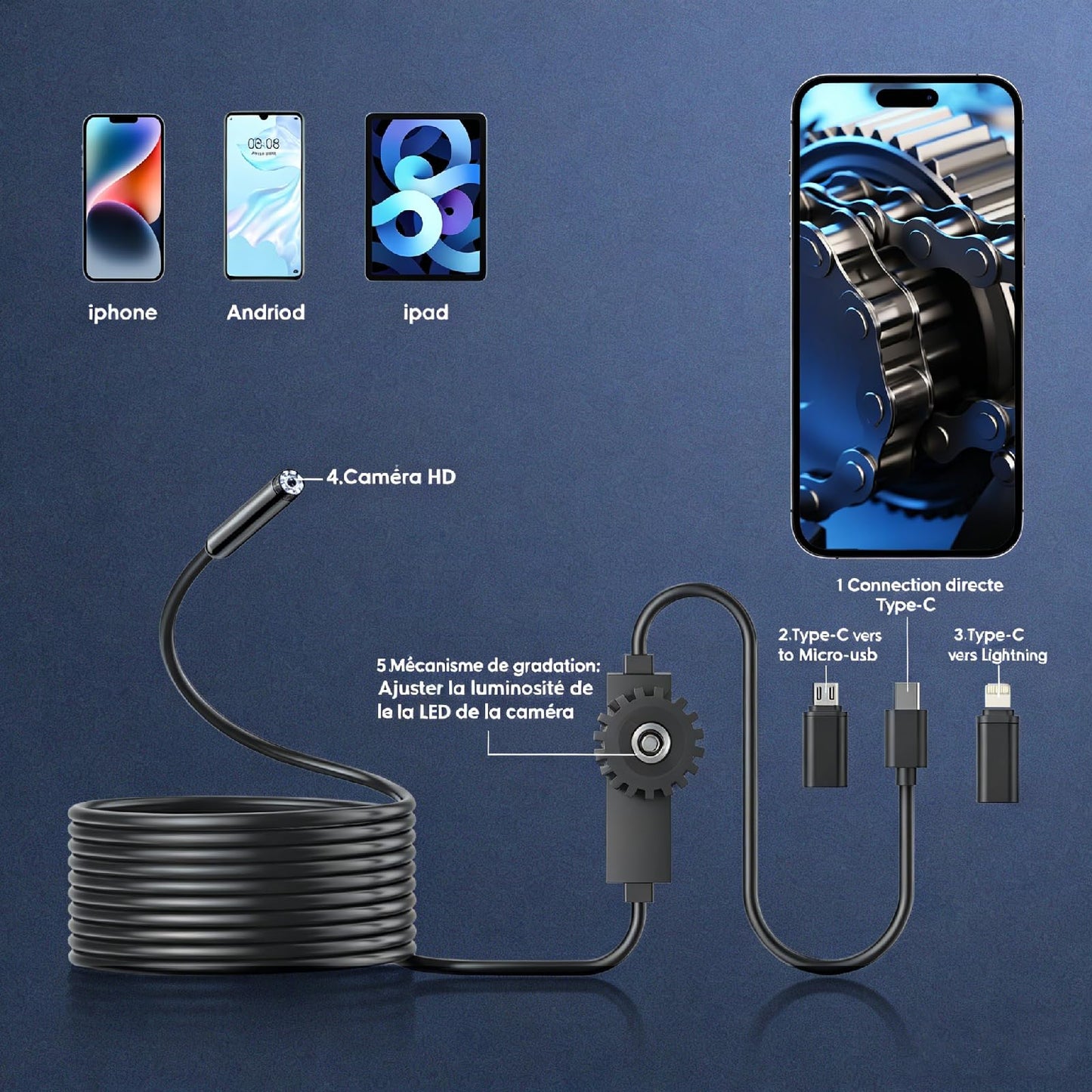 Endoscope Camera with Light, 1920P HD Borescope Camera with 8 Adjustable LED, 16.4FT Semi-Rigid Snake, IP67 Waterproof 8mm Inspection for iOS and Android (Single-Lens)