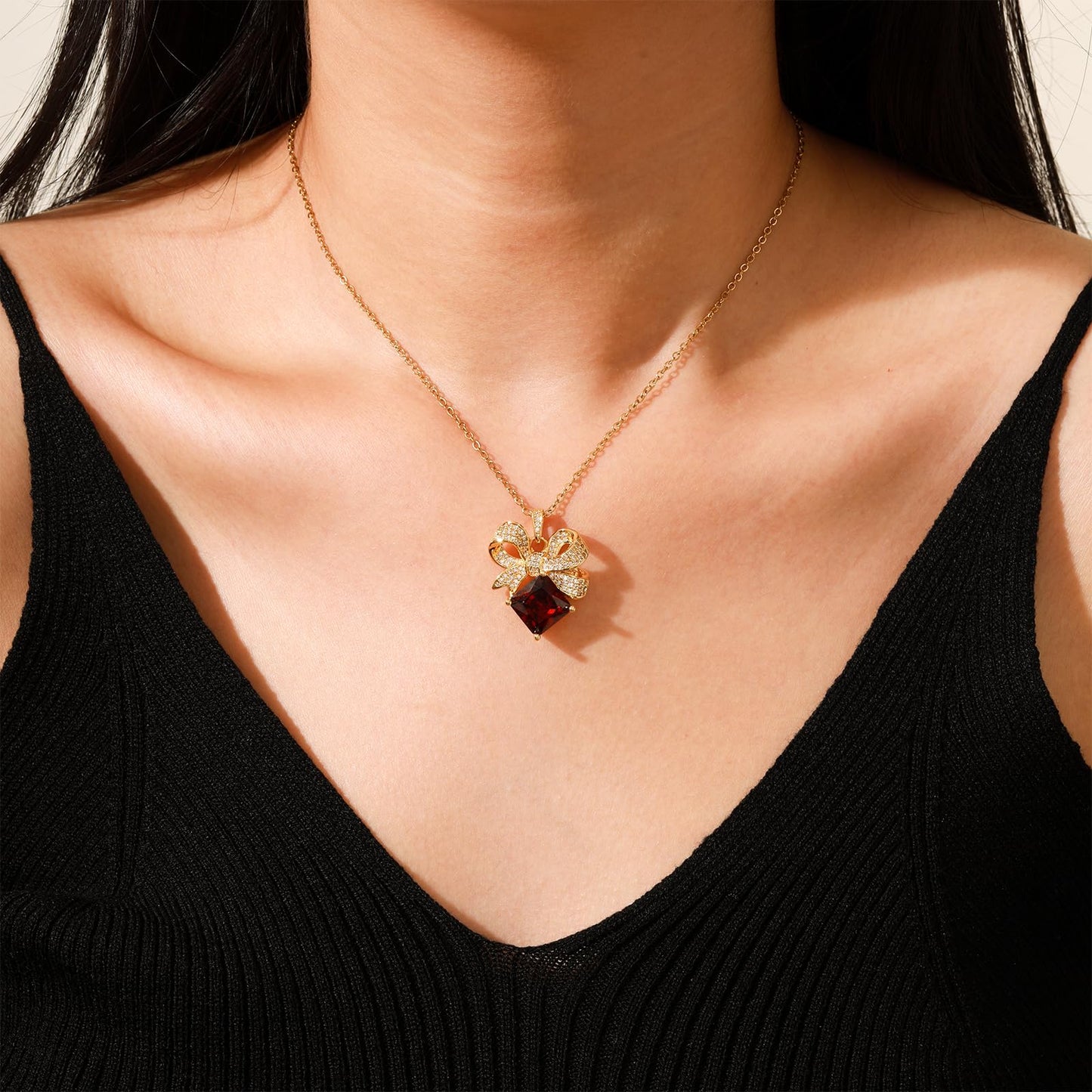 crataly Red Square Garnet Bow Necklace for Women-Gold Plated January Birthstone Vintage Necklace For Valentines Day Mother's Day Christmas Birthday Gifts