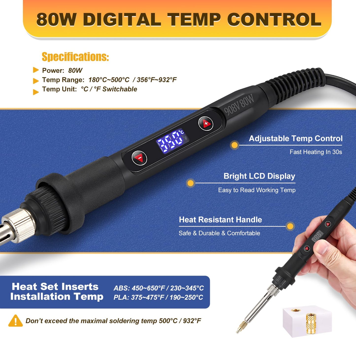 Professional Heat Set Insert Tool Kit: 80W Soldering Iron Heat Insert Tool with 520pcs Brass Inserts & Heat Set Insert Tips (M2-M8) for 3D Printing