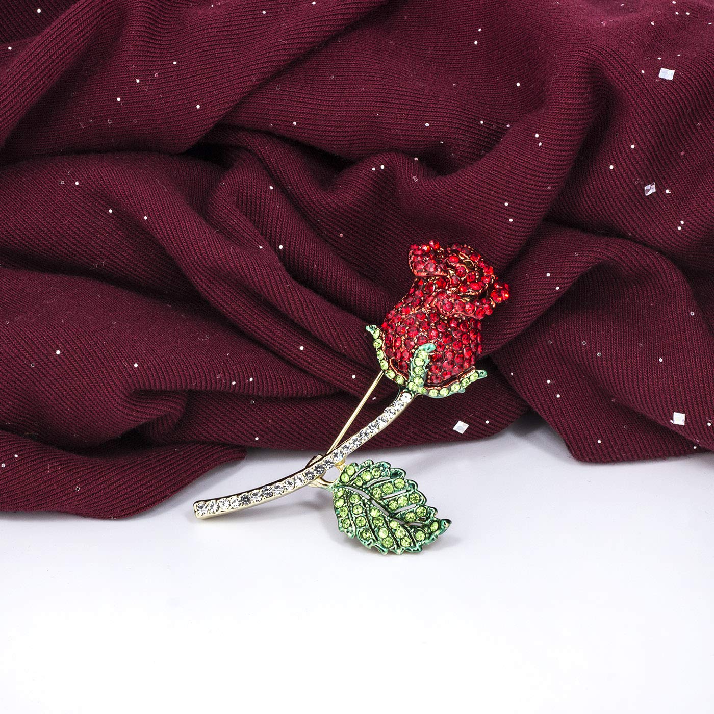 YOQUCOL Elegant Cubic Zirconia Crystal Rhinestone Red Rose Shape Brooch Pin for Women
