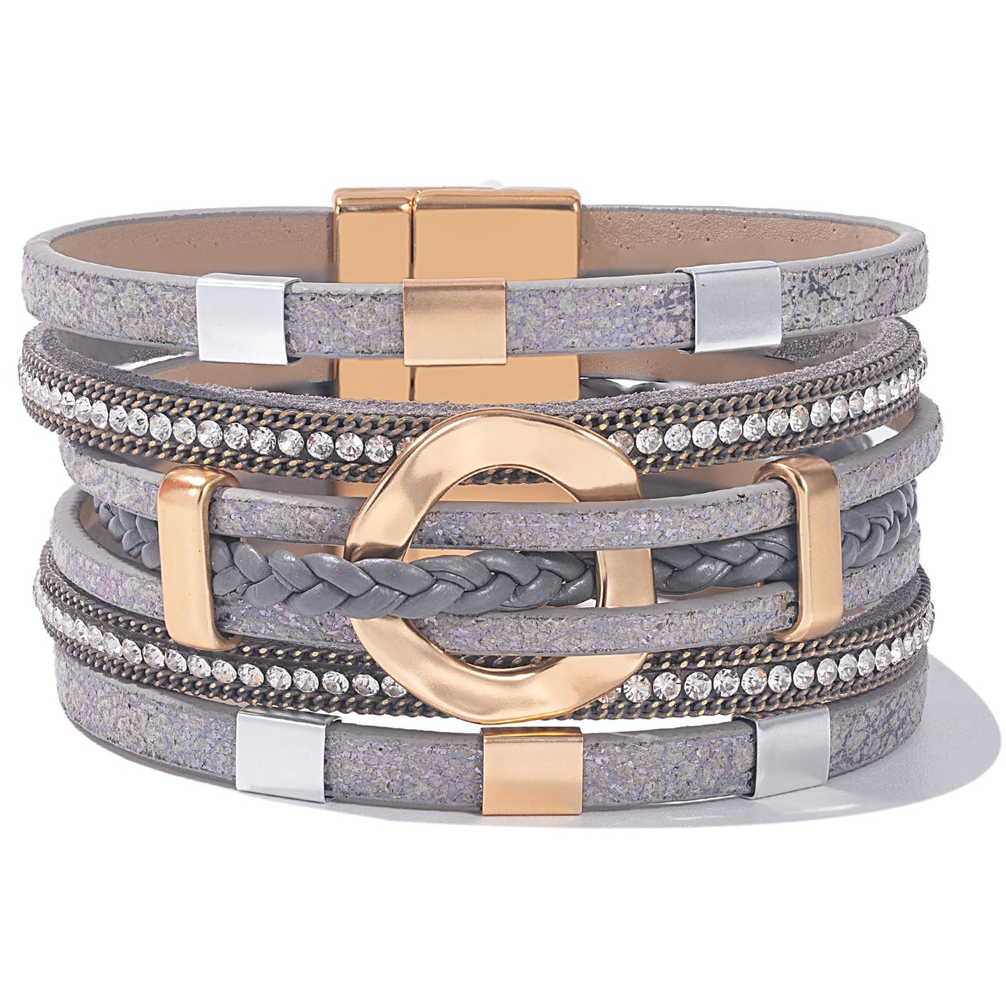 FANCY SHINY Boho Leather Wrap Bracelets Circle Square Bead Braided Handmade Stackable Bracelet Trendy Cuff Bangle for Women(Grey)