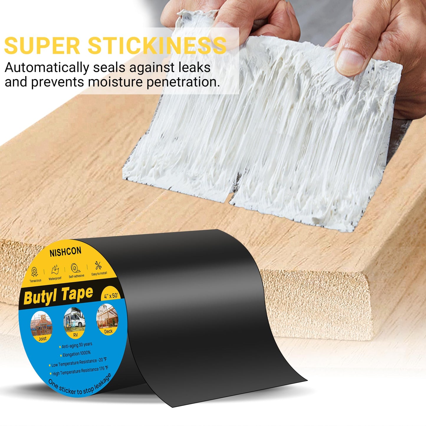 NISHCON Butyl Sealant Tape 4" x 50', Deck Joist Tape for Decking, Waterproof and Anti-Corrosion for Extend Deck Life, 2 Rolls