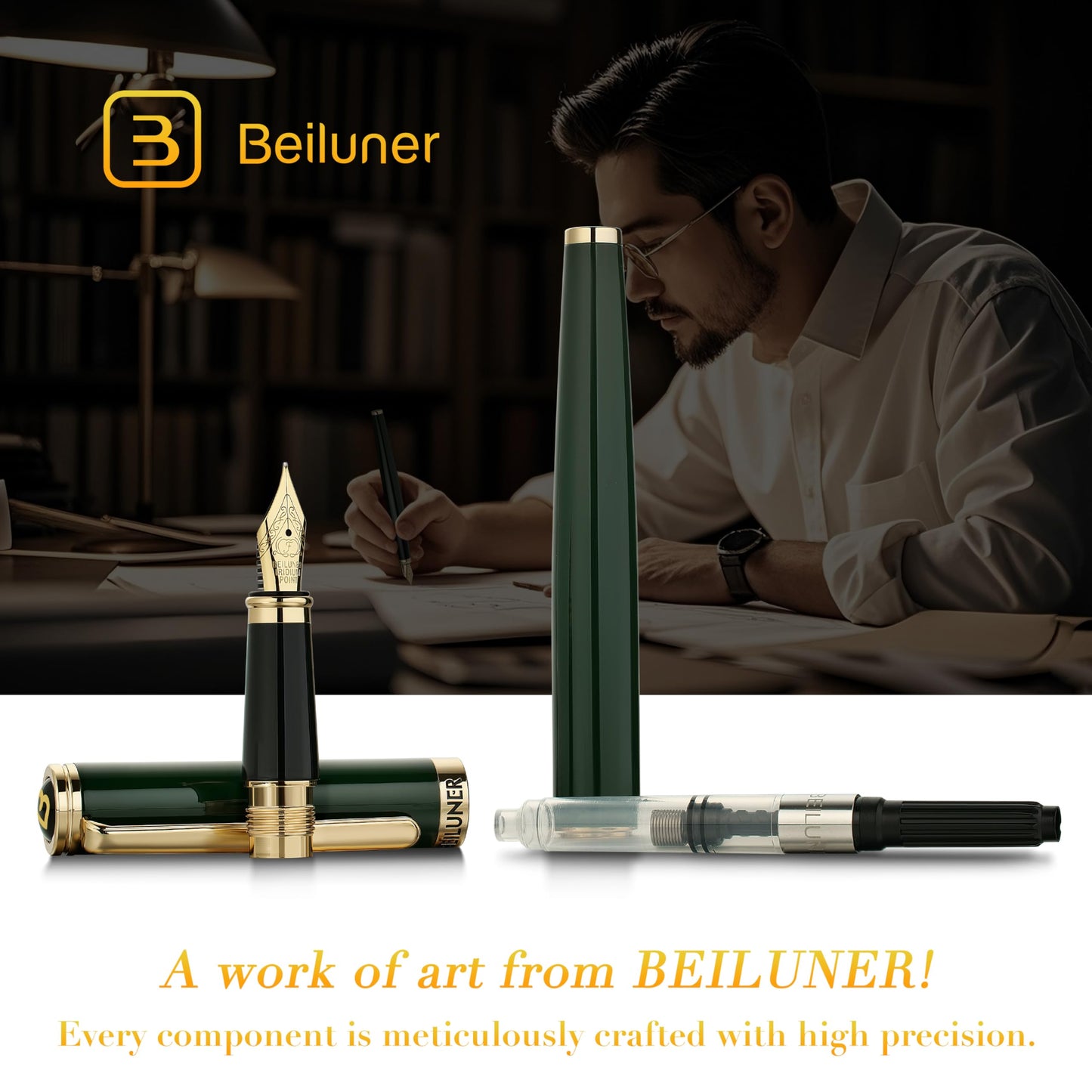 BEILUNER Racing Green Fountain Pen,Stunning Luxury Pens with 24K Gold Finish, Gorgeous 24K Gilded Nib(Fine), Trustworthy Gift for Men&Women -Ink Converter-Elegant, Graduation,Fancy Pen for Writing