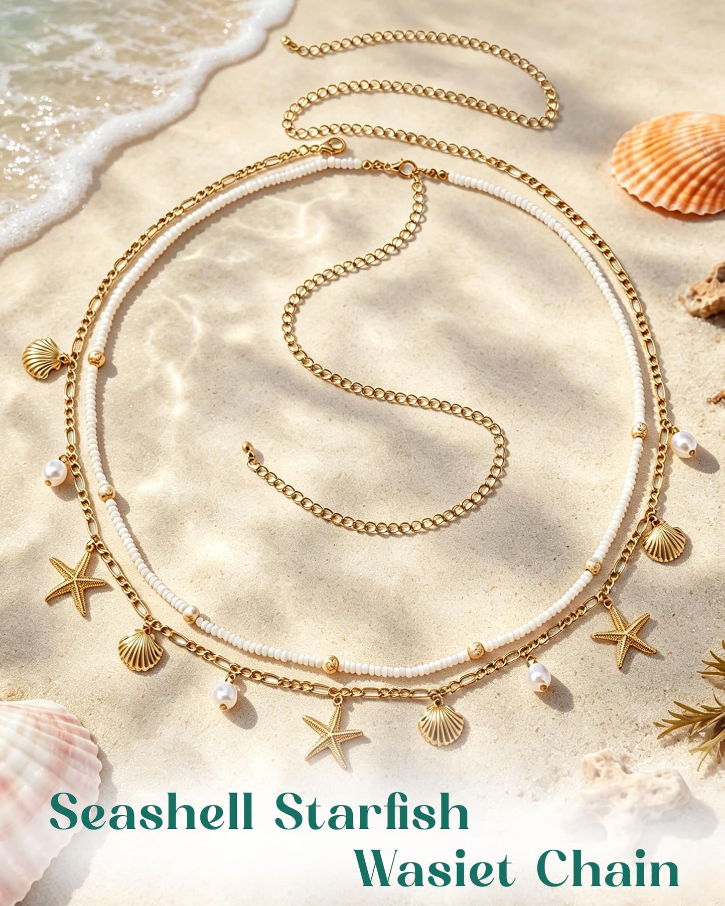 Tiwindx 14 Pcs Seashell Starfish Jewelry Set for Women Stackable Anklets Bracelets Starfish Waist Chain Earrings Necklace Summer Beach Jewelry