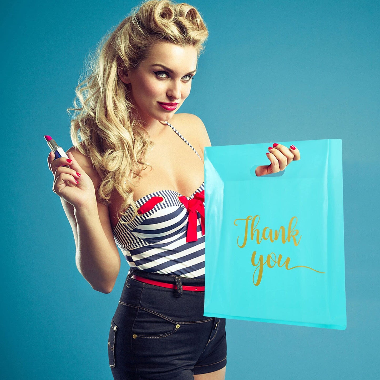 MUKOSEL 100Pcs Thank You Merchandise Bags, Extra Thick 2.36 Mil 12x15 In Retail Shopping Bags for Goodie bags Party Stores Boutique Clothes Business Gift, Reusable Plastic Bags with Handle (Blue)