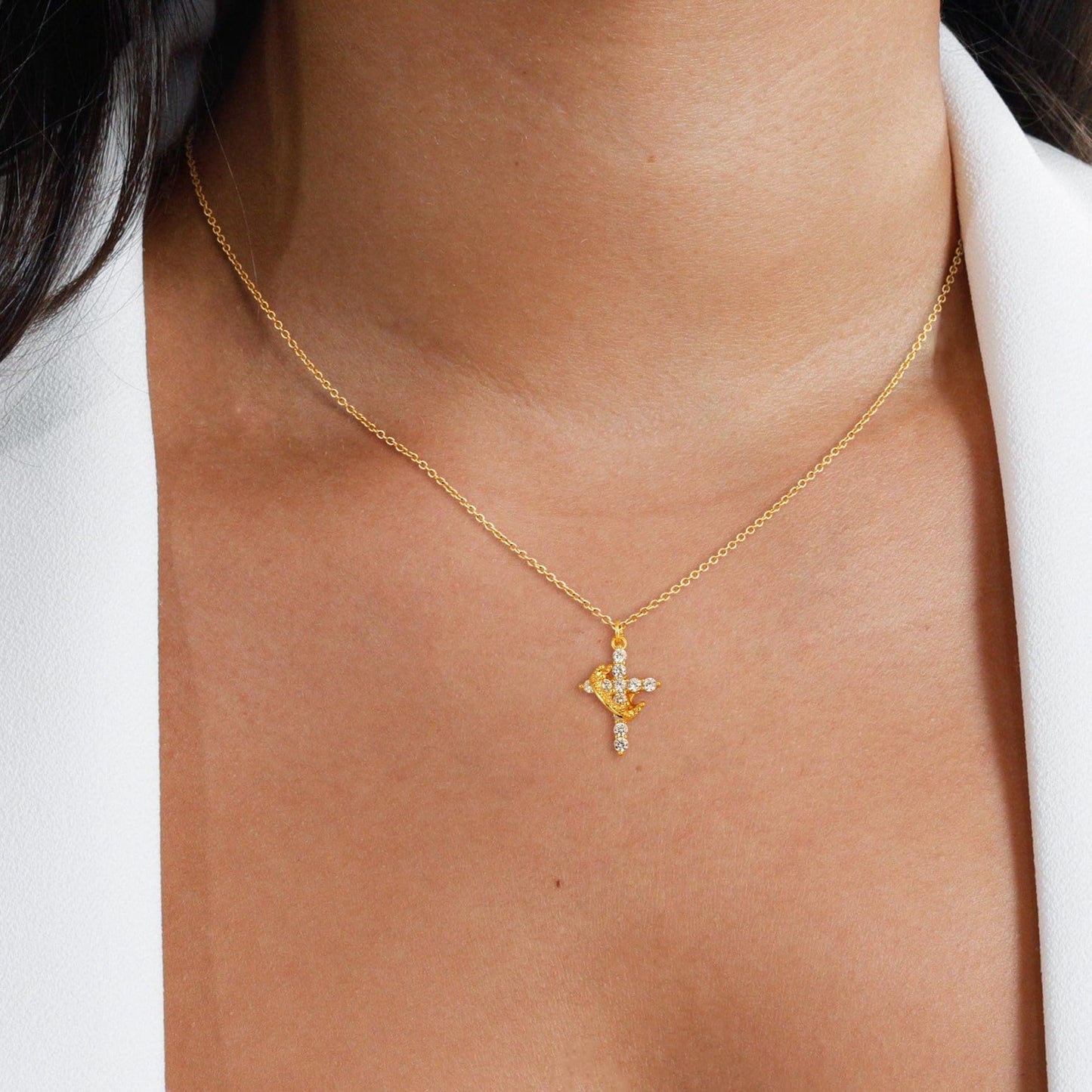 Robaice Birthstone Crown Cross Necklace for Women, Gold-Plated Christian Faith Necklace, Cross Jewelry Gift for Women, April Clear Gift