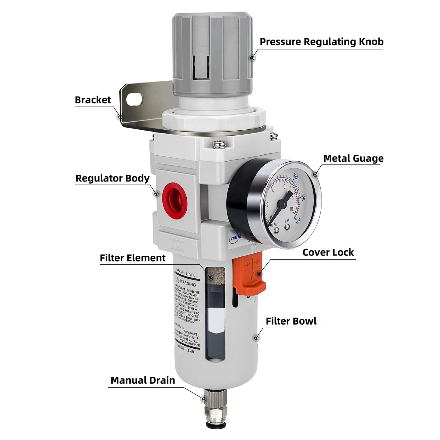 NANPU 3/4" NPT Compressed Air Filter Regulator Combo Piggyback, 5 Micron Brass Element, Poly Bowl, Semi-Auto Drain, Metal Bracket, 0-150 psi Gauge