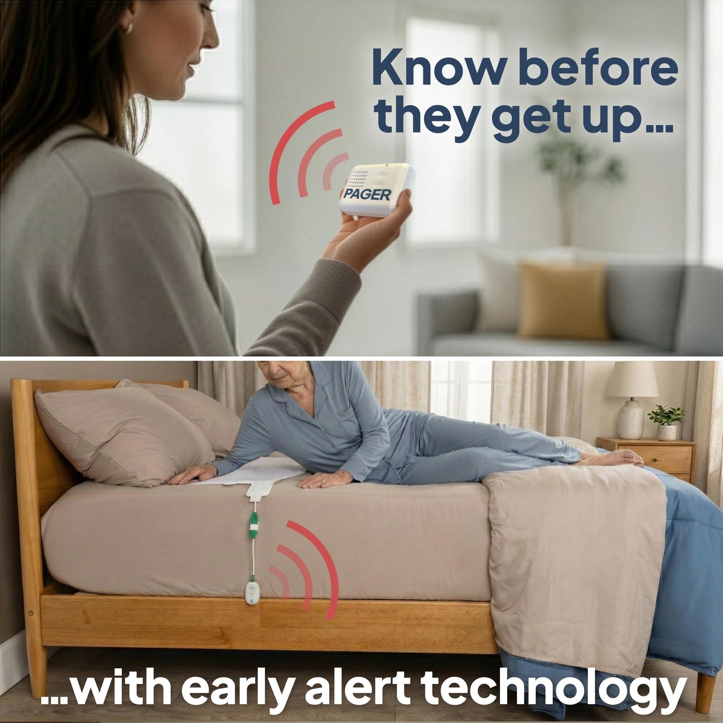 Smart Caregiver Bed Exit Alarm with Wireless Pager - Early Alert Fall Prevention for Seniors and Elderly - Weight Sensing Bed Pad Alerts Caregiver When They Get Up - USA Company and Customer Service