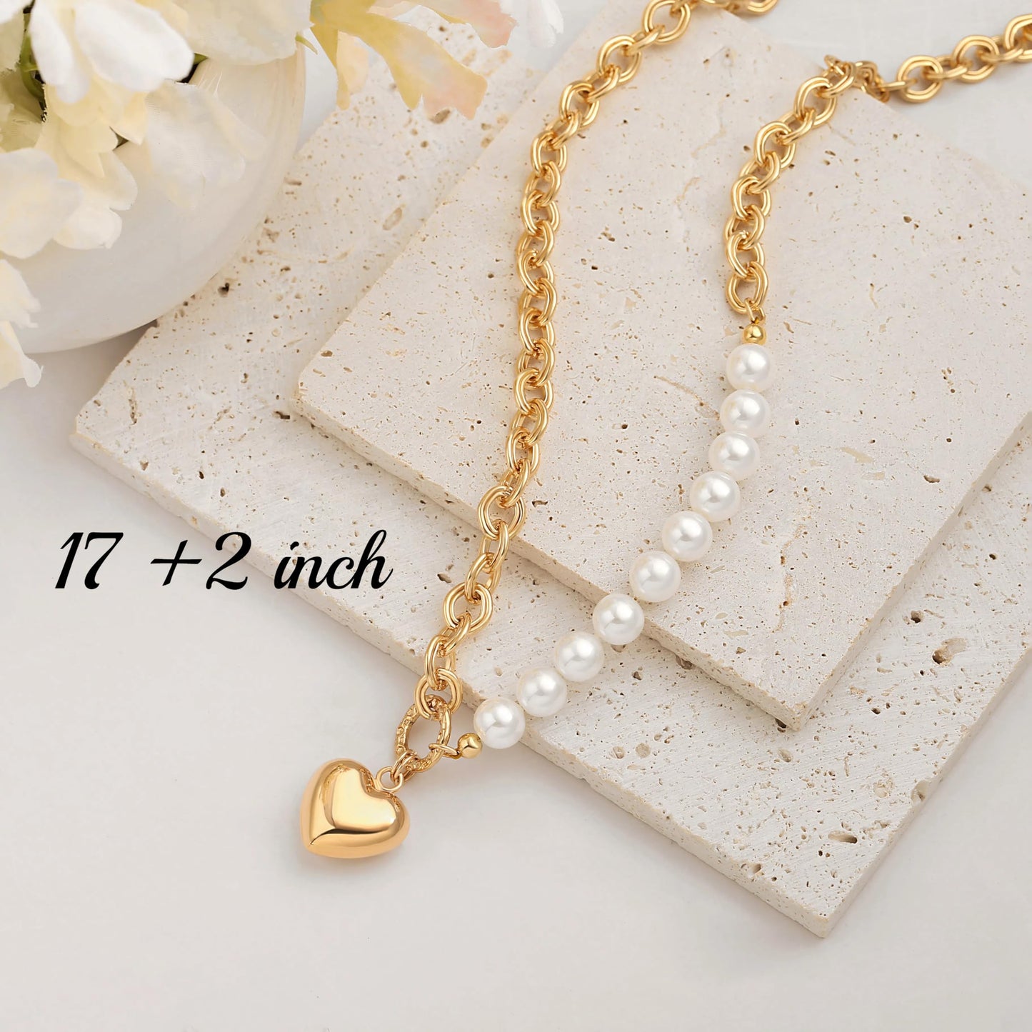Chunky Gold Plated Puffy Heart Necklace, Pearl Beaded Chain Necklace, Statement Adjustable Y2k Jewelry