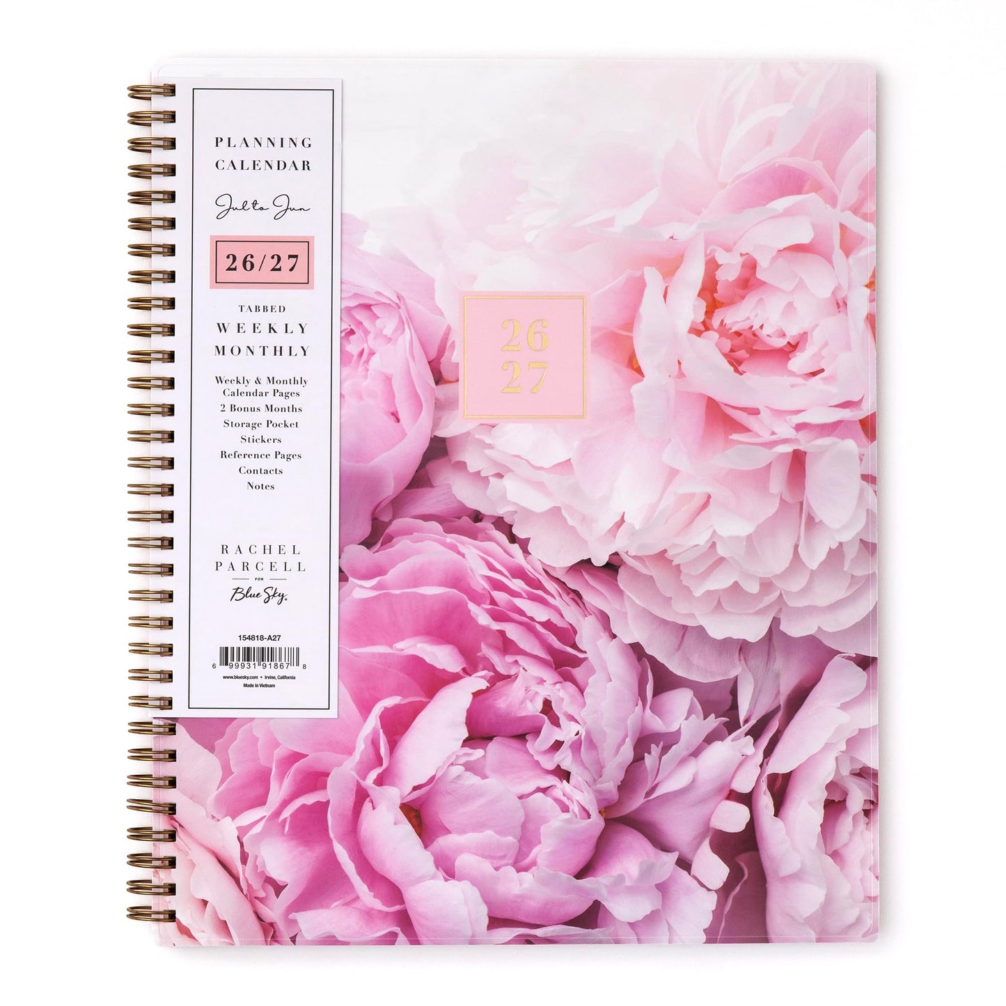 Blue Sky Rachel Parcell 2026-2027 Weekly and Monthly Academic Year Planner Calendar, July 2026 - June 2027, 8.5" x 11", Flexible Cover, Wirebound, Laminated Tabs, Storage Pocket, Includes Stickers, Peony