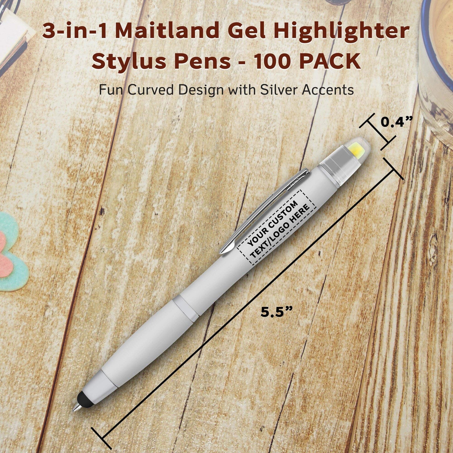 DISCOUNT PROMOS Personalized Smooth Writing Maitland Gel Highlighter Stylus Pens - 100 pack - Highlighters - Customizable Text, Logo - Silver