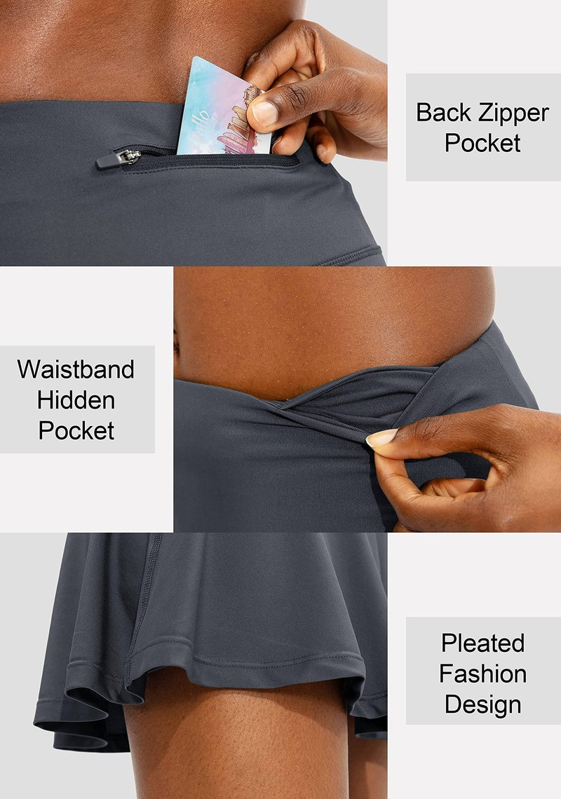 SANTINY Pleated Tennis Skirt for Women with 4 Pockets Women's High Waisted Athletic Golf Skorts Skirts for Running Casual (Dark Grey_L)