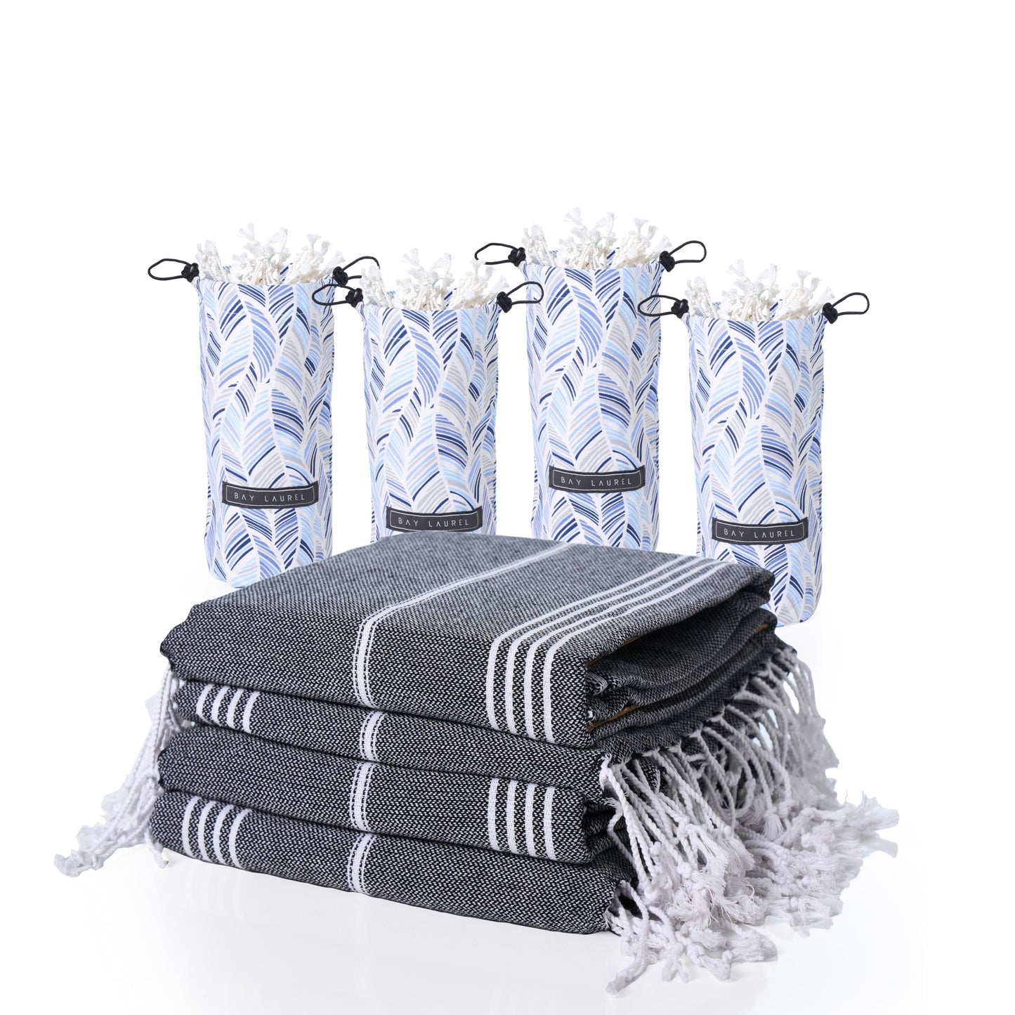 BAY LAUREL 4-Pack Oversized Turkish Beach Towels – Quick Dry, Sand Free Towels with Travel Bags, 39"x71", Lightweight (Pack of 4 - Black with Blue Floral Bag)