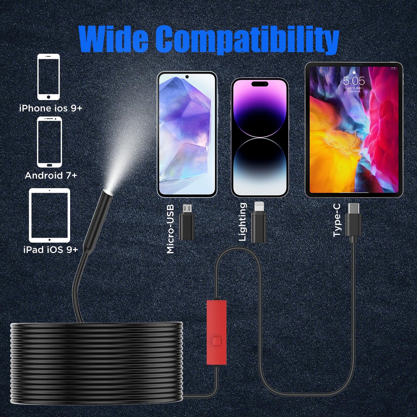 Endoscope Camera with Light, 1920P HD Borescope Camera with Light,Semi-Rigid Inspection Endoscope with 8 Adjustable LED, IP68 Waterproof Drain Scope Camera for for iOS/Android,16.4ft