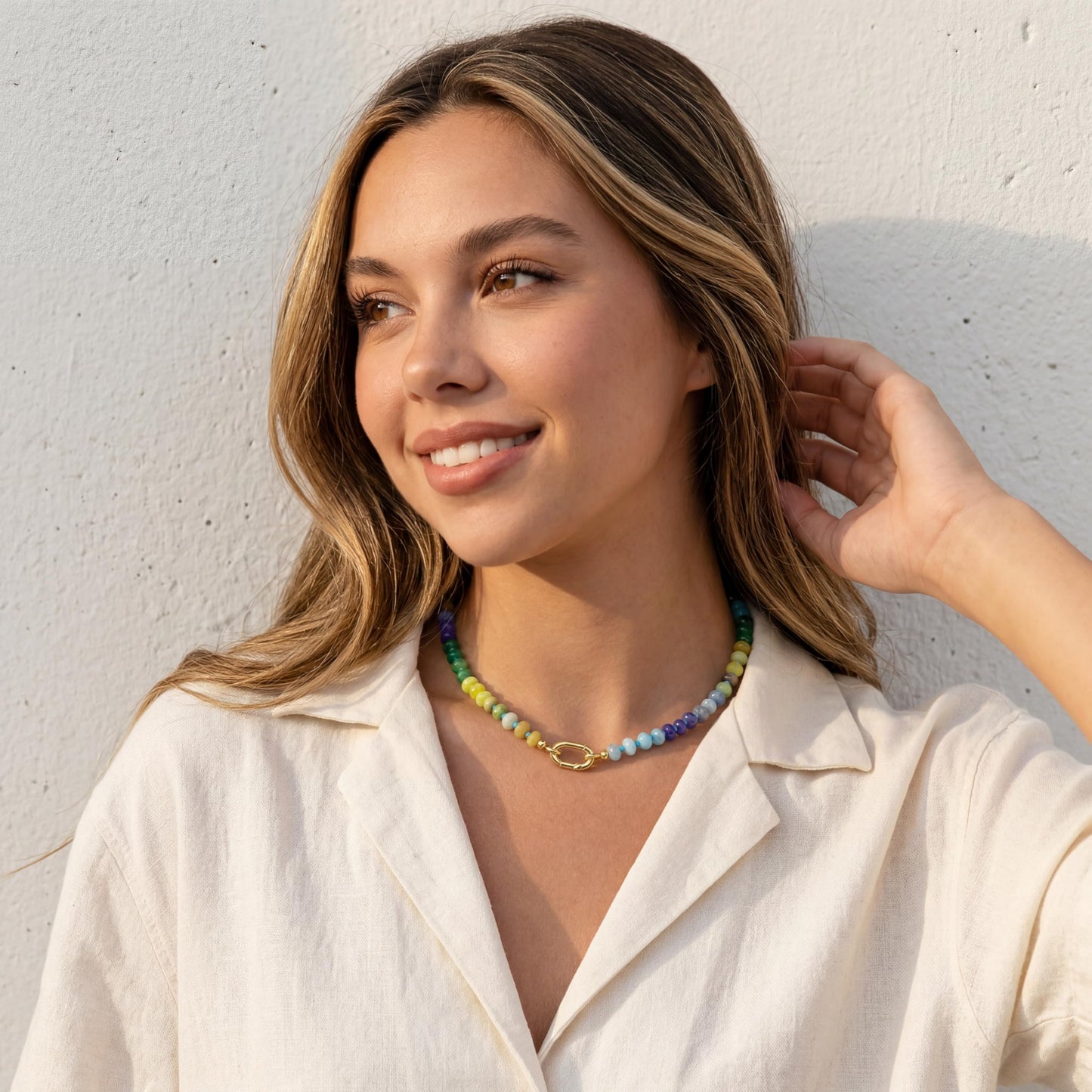 CONRAN KREMIX Colourful Stone Beaded Necklace for Women,Natural Stone Bead Choker Necklaces Boho Summer Beach Necklace Gemstone Jewelry Gift for Women