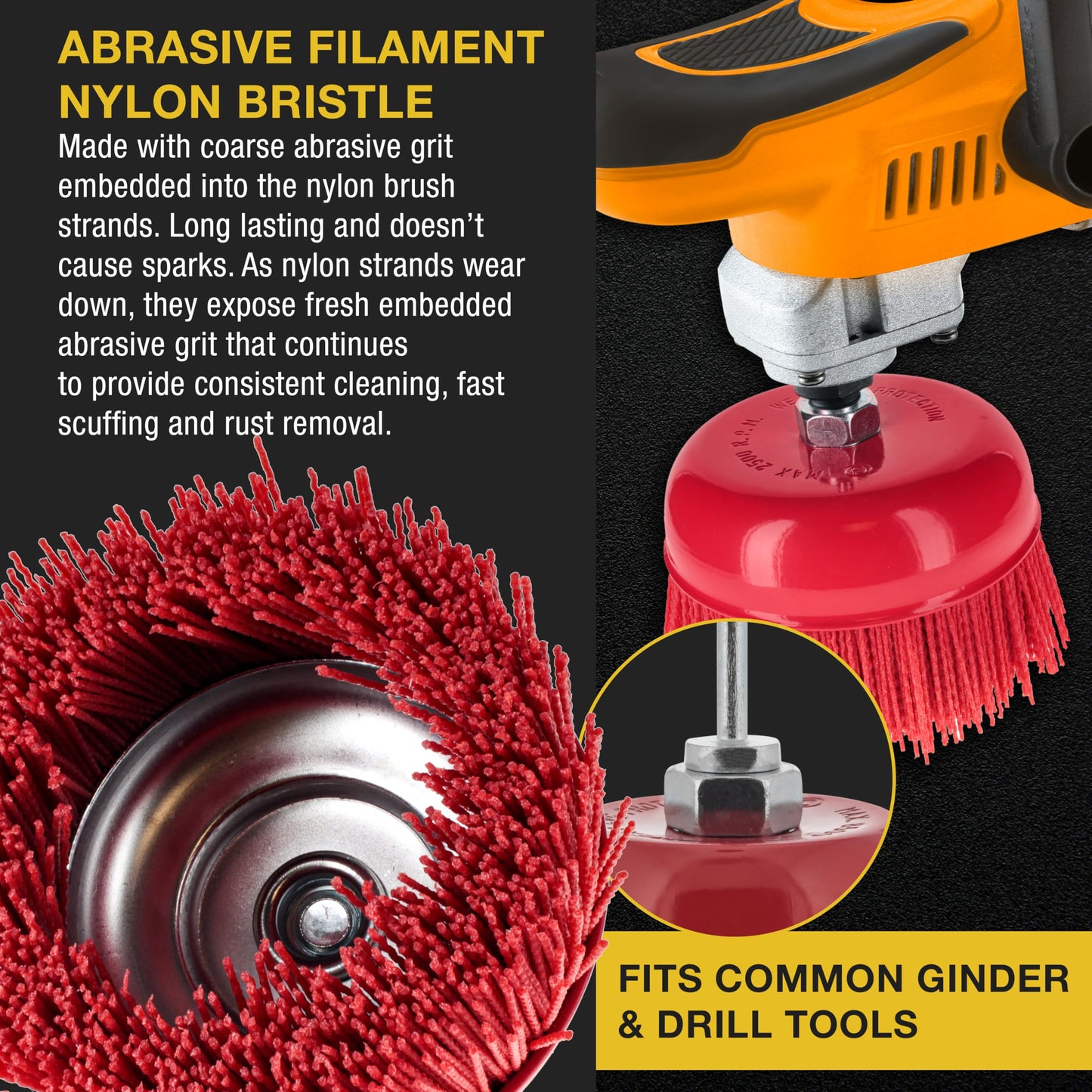 Dura-Gold 6" Abrasive Filament Nylon Bristle Cup Brush - 5/8" 11 Thread, 1/4" Hex Drill Shank Arbor, Coarse Grit Angle Grinder Brush for Truck Bed Liner Surface Prep, Sanding, Rust & Paint Removal