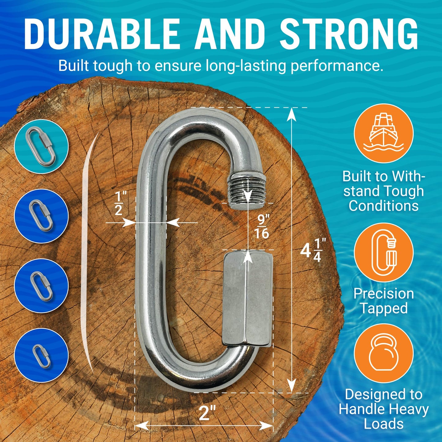 316 Stainless Steel Locking Chain Link, Threaded Quick Link Chain Connector Clips, Heavy Duty D Shape Quicklinks, 1/2", 3/8", 5/16", 1/4" Small Sizes, Marine Grade, 4 Pack Safety Links 1/2"