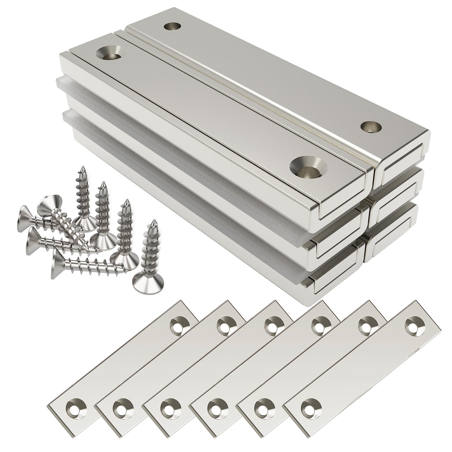 Magnetpro Rectangular Magnets 70 LB Force Size 2.36" x 0.53" x 0.20" with Counterparts and Countersunk Hole, Household and Industrial Pot Magnet with Screws Pack of 6