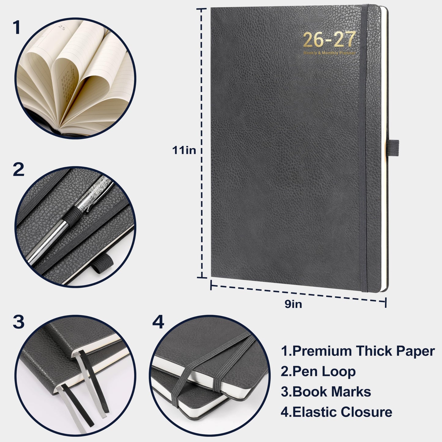 Planner 2026-2027 - Planner Weekly and Monthly 2026-2027, Jul 2026 - Jun. 2027, 8.5" x 11", Academic Calendar, Leather Cover Planners with Thick Paper, Back Pocket with Notes Pages - Grey