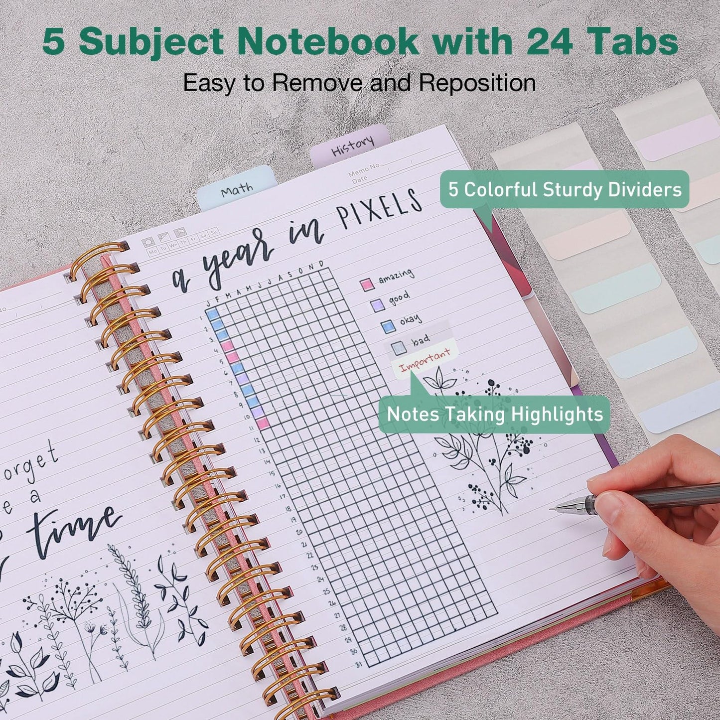 College Ruled Notebook, Spiral Notebook 8.5" x 11", Leather Hardcover Notebook Journal for Women Men, 5 Subject Notebook with Dividers, Journaling Notebooks for Work School, Large Lined Journal, Blue