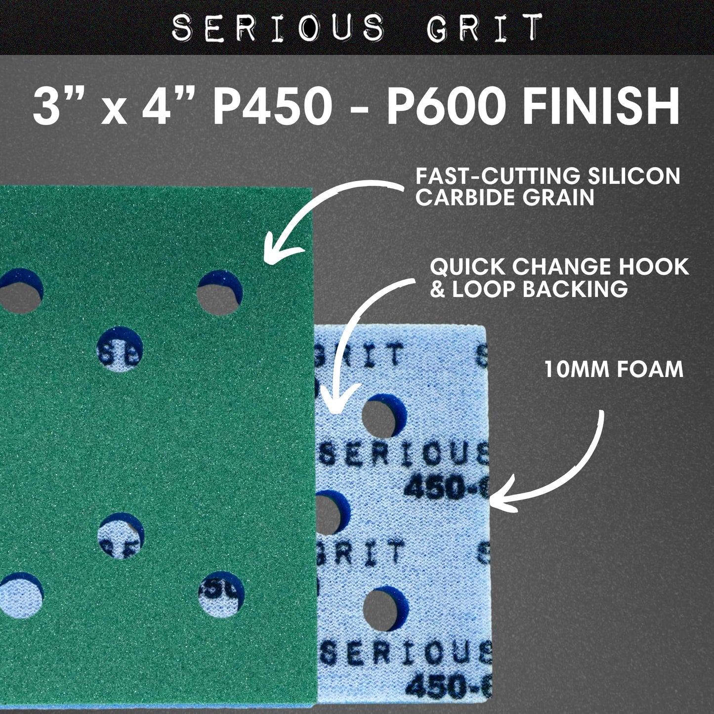 Serious Grit - 3" x 4" Foam Sanding Pads - P450-600 Finish Grit - 10mm Medium Density Foam - Hook & Loop Backing - Fits SurfPrep, Uneeda Ekasand & Mirka 3x4 Sanders – Made in USA – 10 Pack