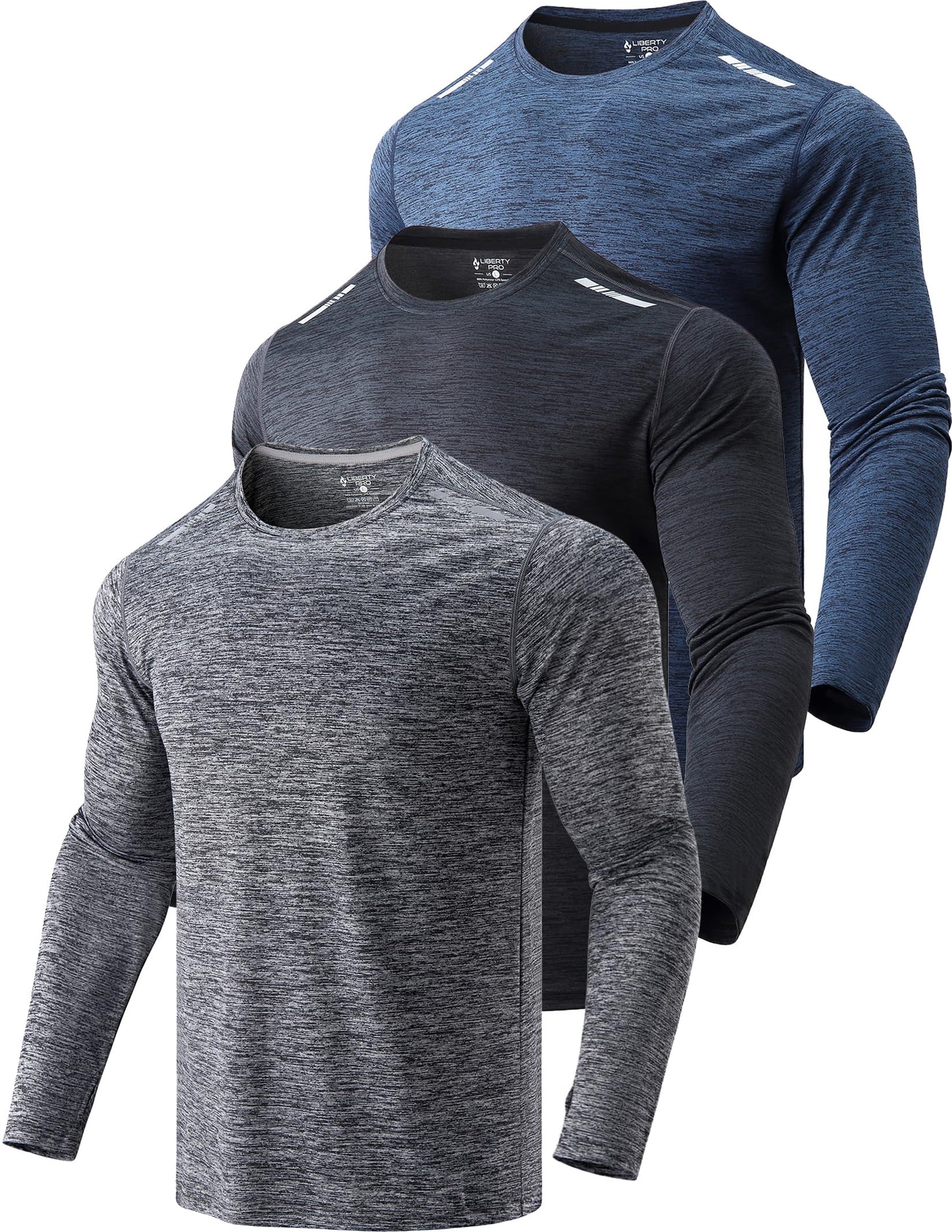 Liberty Imports 3 Pack Men's Long Sleeve Workout Shirts, Dry Fit Moisture Wicking Athletic Tops with Thumbholes (Set 1, Large)