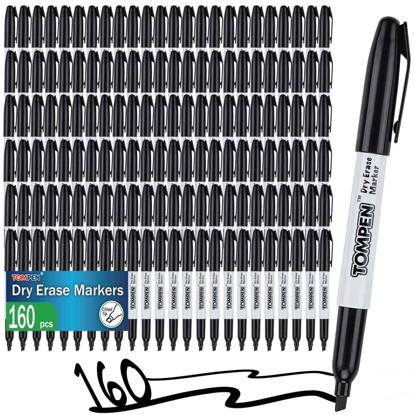 TOMPEN Dry Erase Markers Black,160 Bulk Pack Chisel Tip,Low Odor Quick-Drying Whiteboard Markers for Office Home School Writing Planning