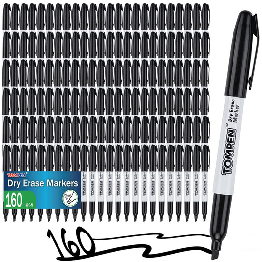 TOMPEN Dry Erase Markers Black,160 Bulk Pack Chisel Tip,Low Odor Quick-Drying Whiteboard Markers for Office Home School Writing Planning