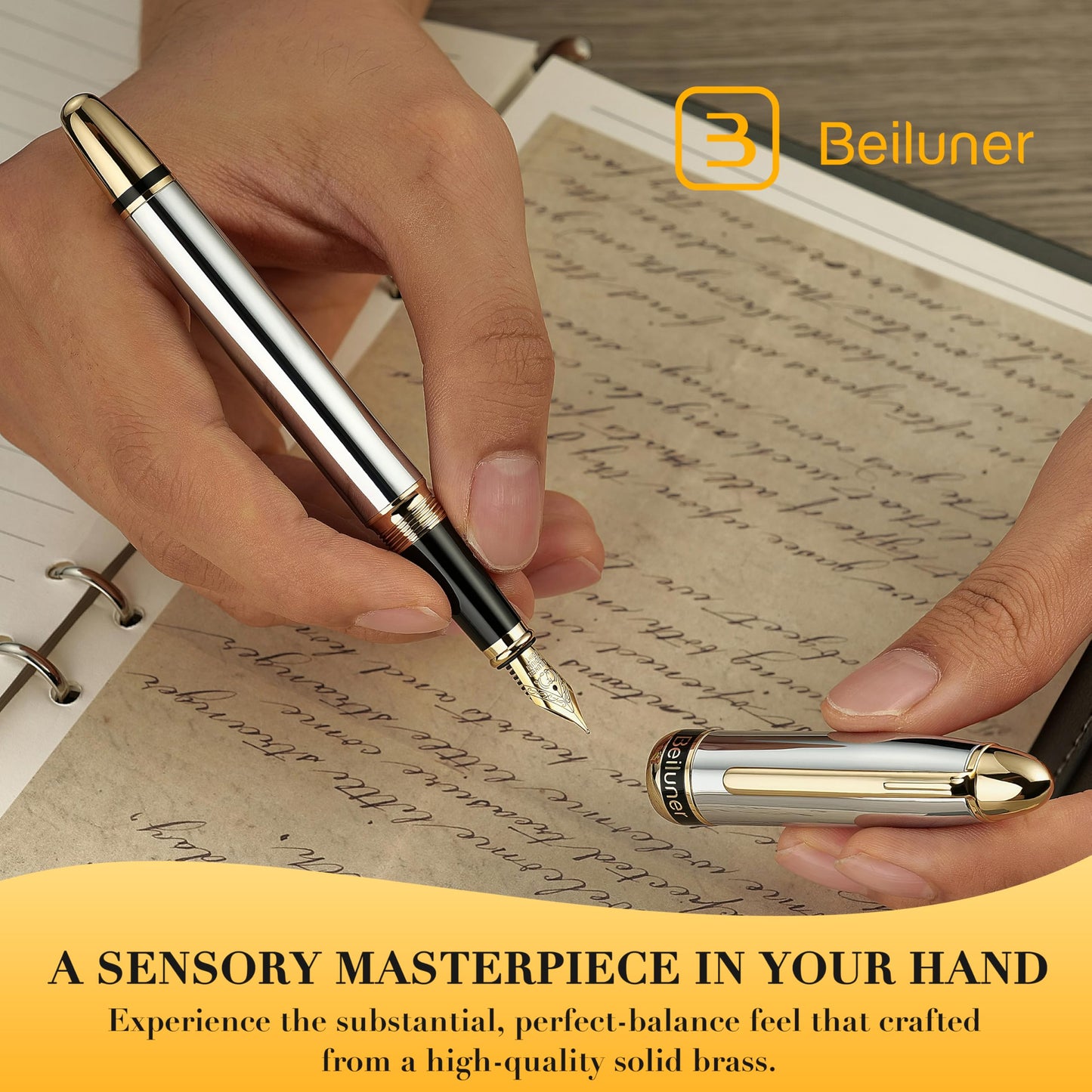 BEILUNER 315 Silver Chrome Fountain Pen,Stunning Luxury Pens with 24K Gold Accents, Gorgeous 24K Gilded Nib(Fine), Ink Converter,Fancy Pen Gift for Men&Women-Elegant, Office, Writing, Nice Design